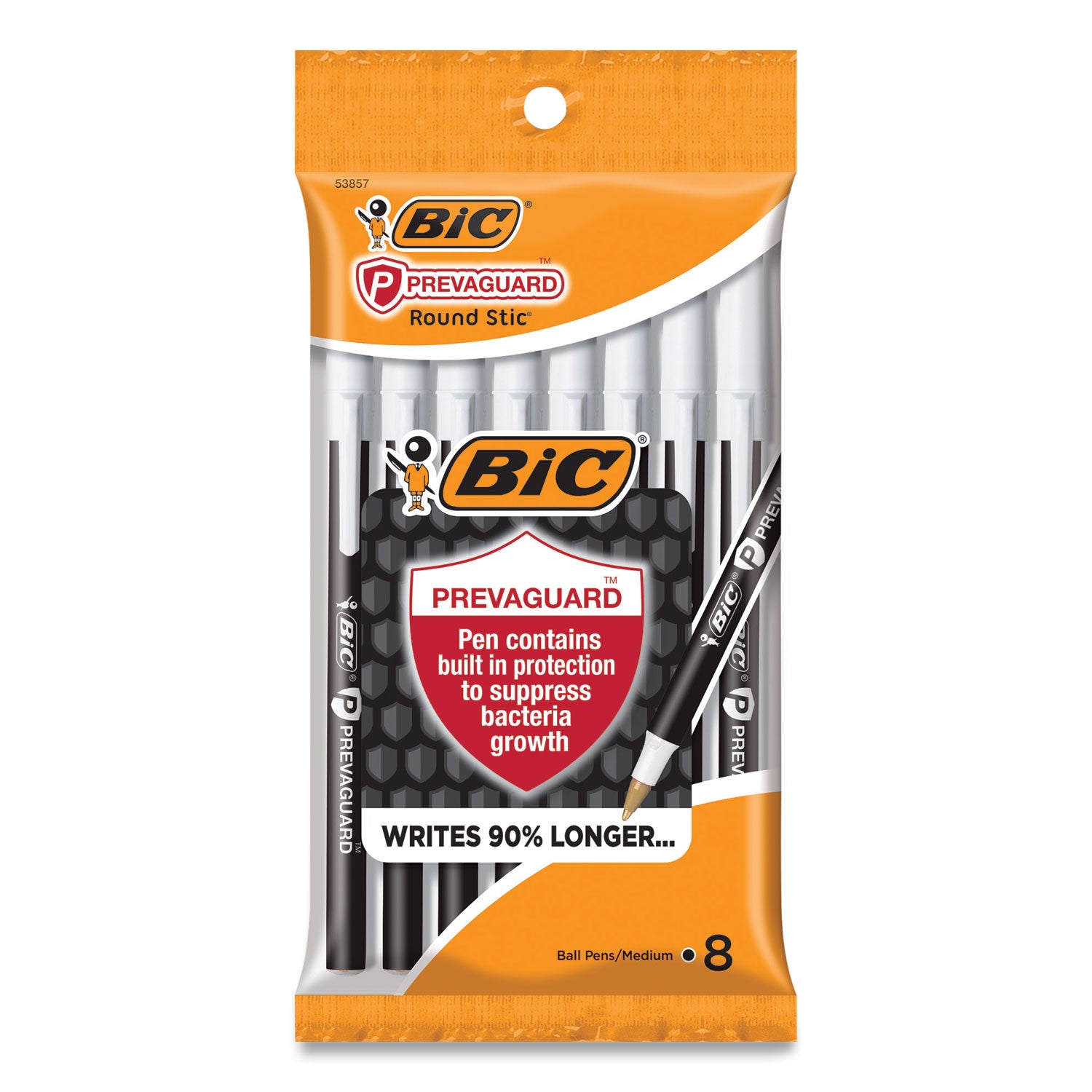 BIC® PrevaGuard Round Stic Pen, Stick, Medium 1 mm, Black Ink, Black Barrel, 8/Pack