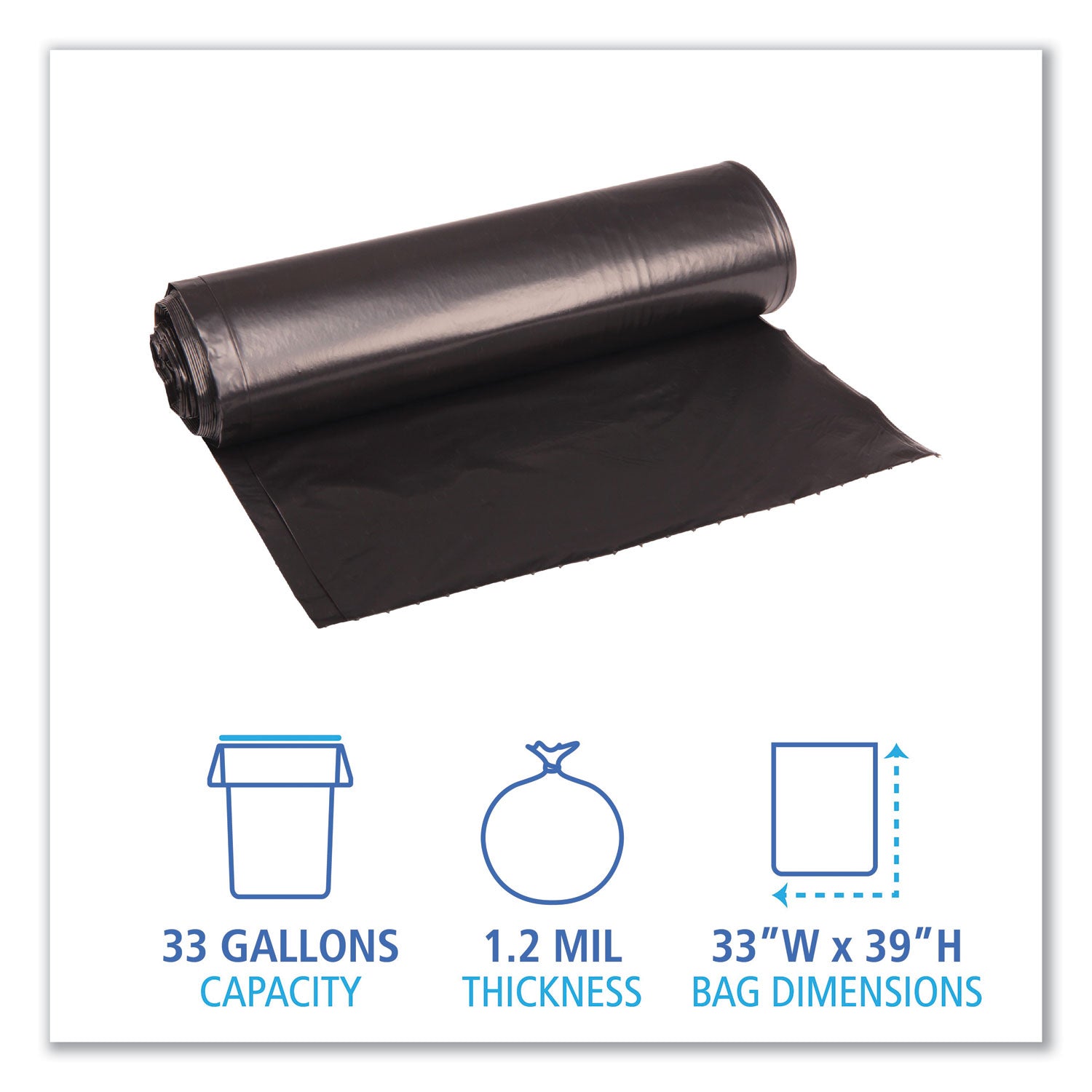 Boardwalk® Recycled Low-Density Polyethylene Can Liners, 33 gal, 1.2 mil, 33" x 39", Black, Perforated, 10 Bags/Roll, 10 Rolls/Carton