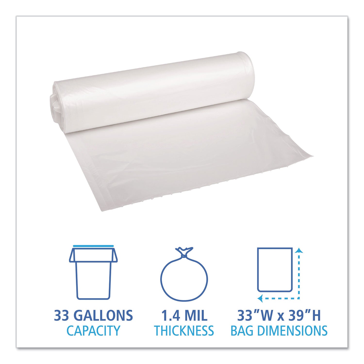 Boardwalk® Recycled Low-Density Polyethylene Can Liners, 33 gal, 1.4 mil, 33" x 39", Clear, Perforated, 10 Bags/Roll, 10 Rolls/Carton