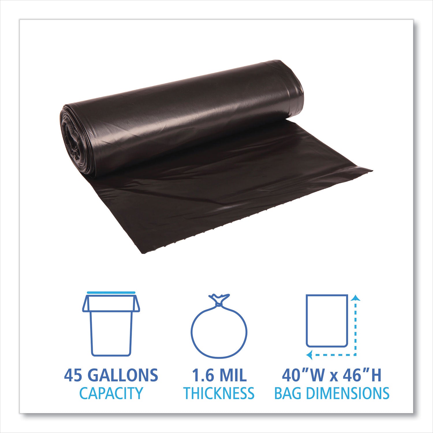 Boardwalk® Recycled Low-Density Polyethylene Can Liners, 45 gal, 1.6 mil, 40" x 46", Black, Perforated, 10 Bags/Roll, 10 Rolls/Carton