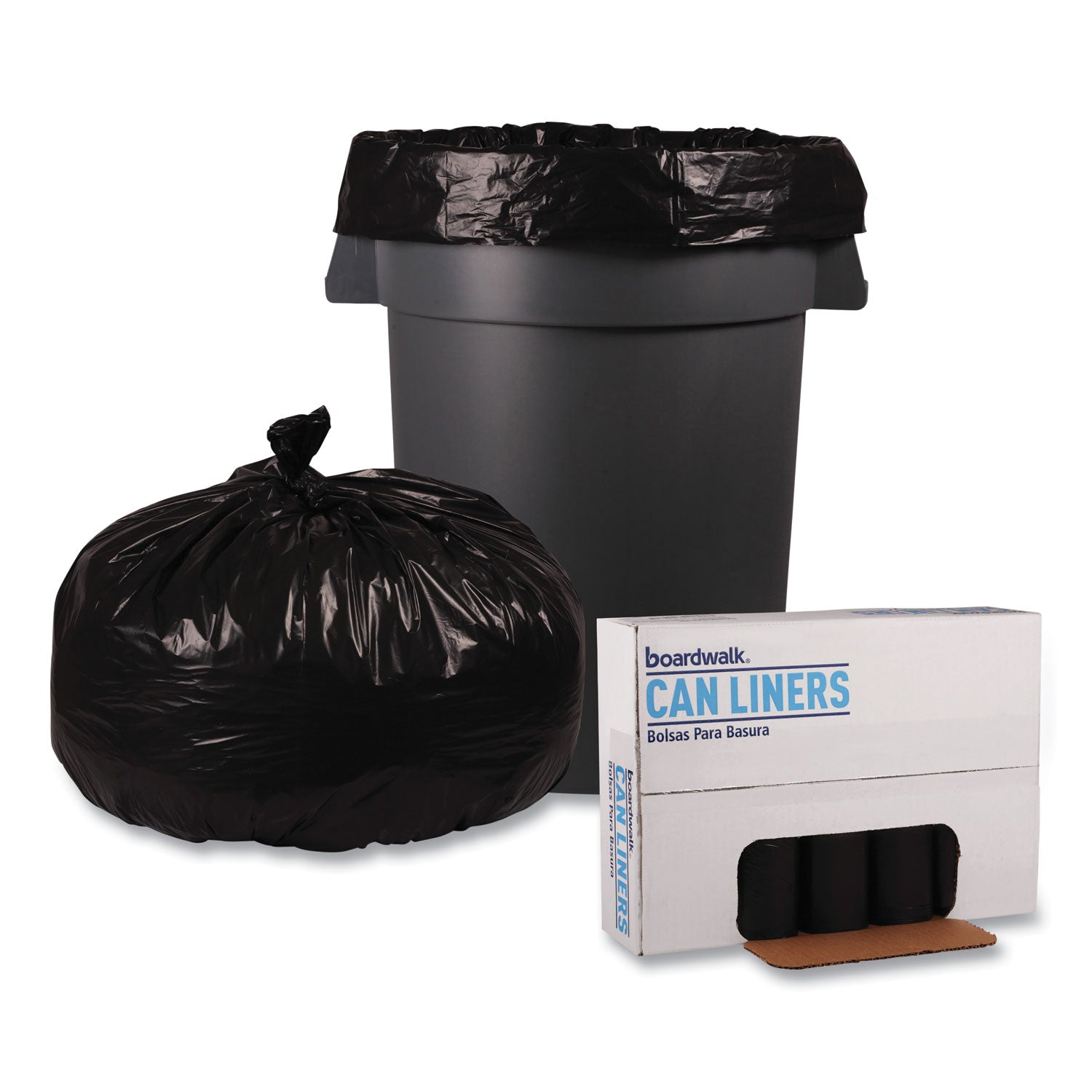 Boardwalk® Recycled Low-Density Polyethylene Can Liners, 60 gal, 1.8 mil, 38" x 58", Black, Perforated, 10 Bags/Roll, 10 Rolls/Carton