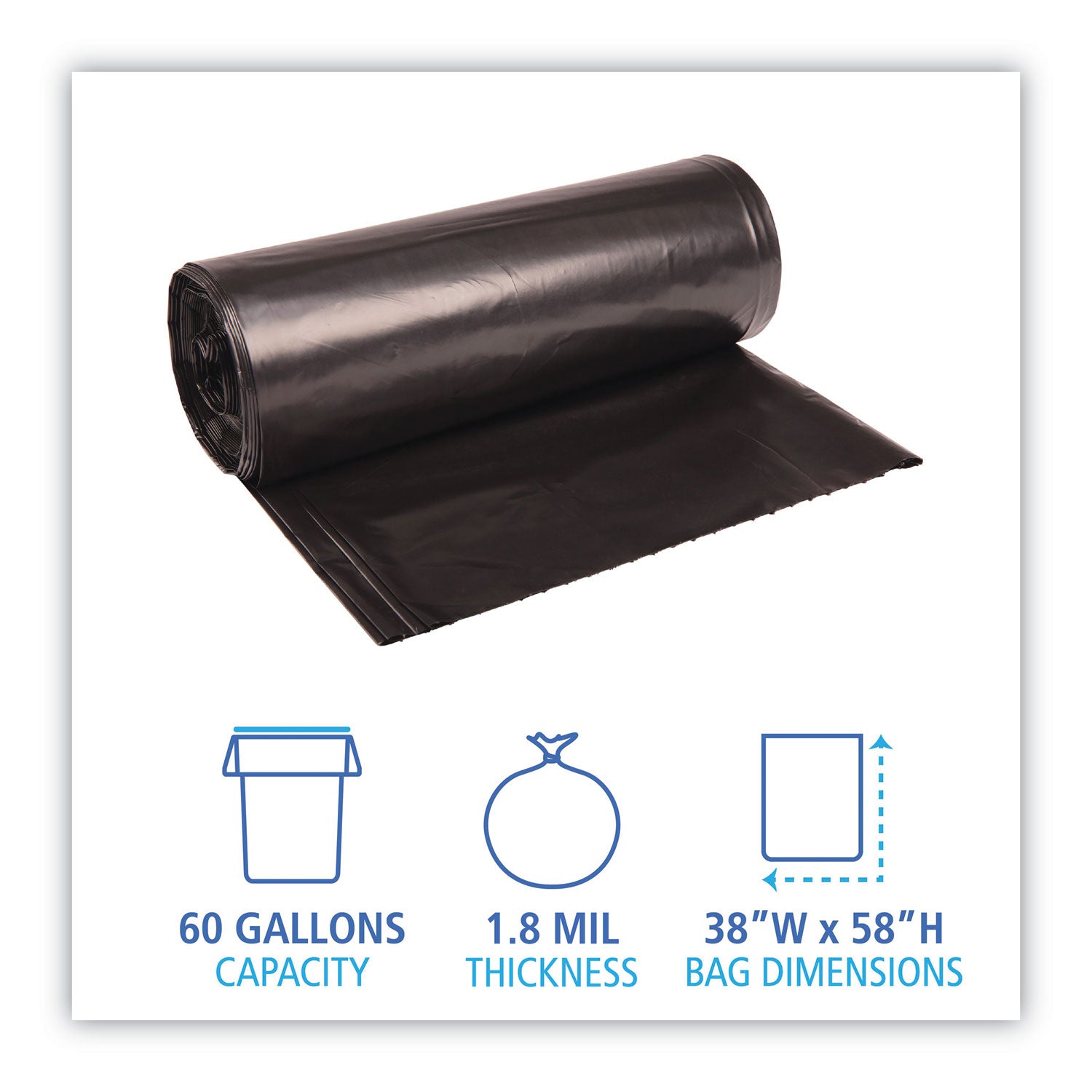 Boardwalk® Recycled Low-Density Polyethylene Can Liners, 60 gal, 1.8 mil, 38" x 58", Black, Perforated, 10 Bags/Roll, 10 Rolls/Carton