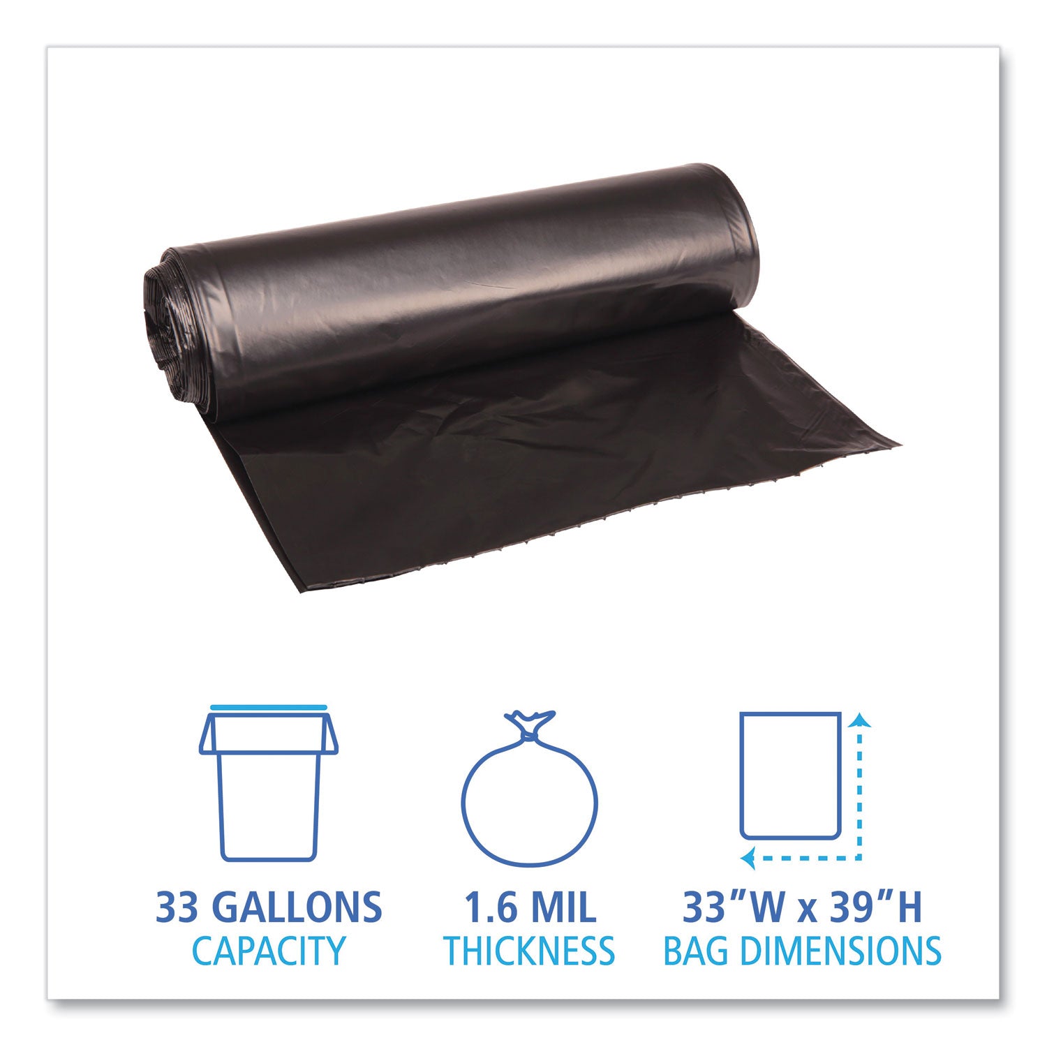 Boardwalk® Recycled Low-Density Polyethylene Can Liners, 33 gal, 1.6 mil, 33" x 39", Black, Perforated, 10 Bags/Roll, 10 Rolls/Carton