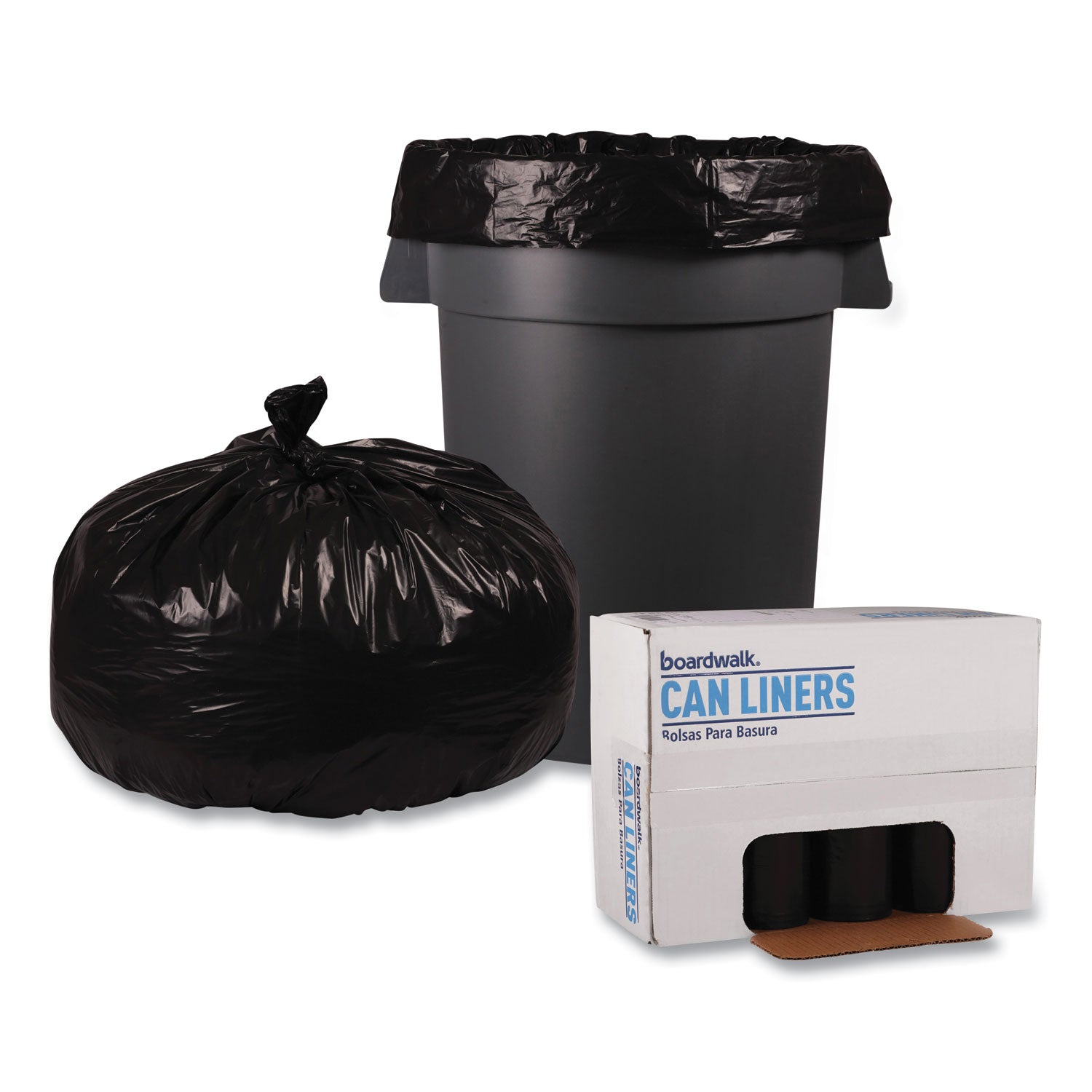 Boardwalk® Recycled Low-Density Polyethylene Can Liners, 60 gal, 1.6 mil, 38" x 58", Black, Perforated, 10 Bags/Roll, 10 Rolls/Carton