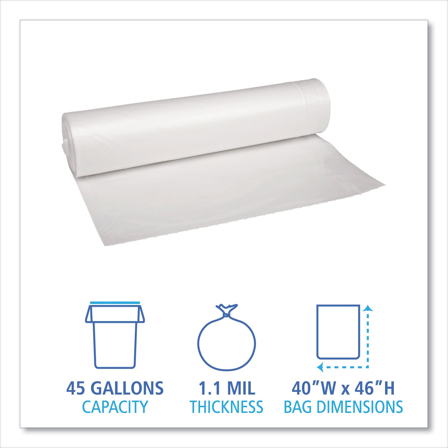 Boardwalk® Recycled Low-Density Polyethylene Can Liners, 45 gal, 1.1 mil, 40" x 46", Clear, Perforated, 10 Bags/Roll, 10 Rolls/Carton