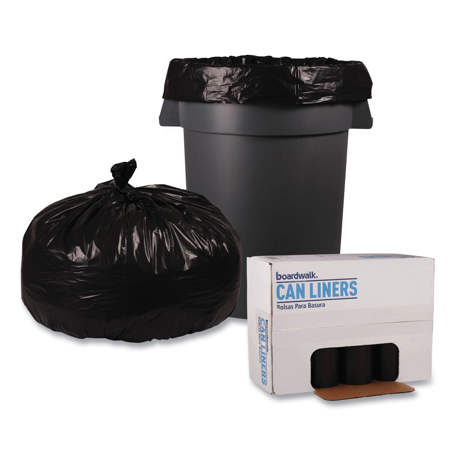 Boardwalk® Recycled Low-Density Polyethylene Can Liners, 56 gal, 1.6 mil, 43" x 47", Black, Perforated, 20 Bags/Roll, 5 Rolls/Carton