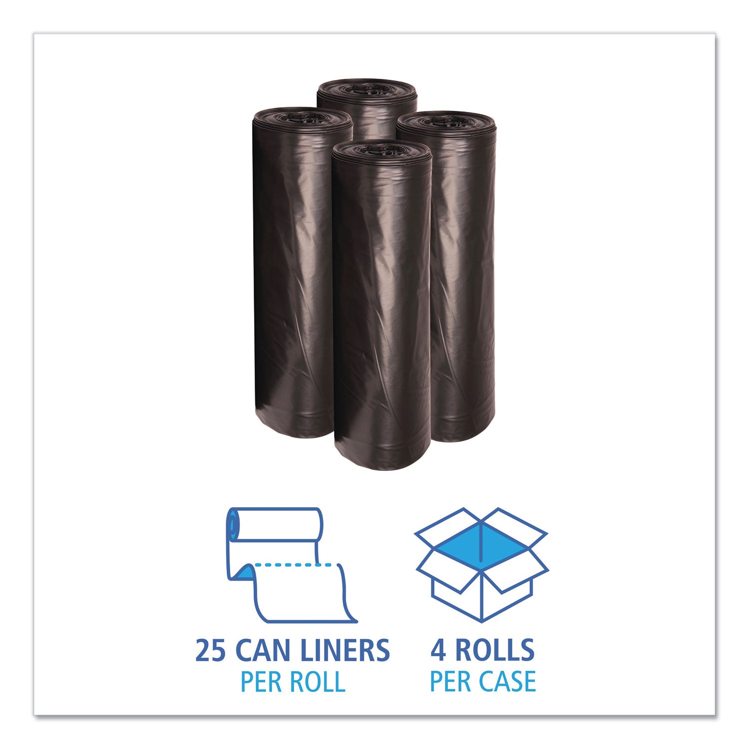 Boardwalk® Recycled Low-Density Polyethylene Can Liners, 56 gal, 1.6 mil, 43" x 47", Black, Perforated, 20 Bags/Roll, 5 Rolls/Carton