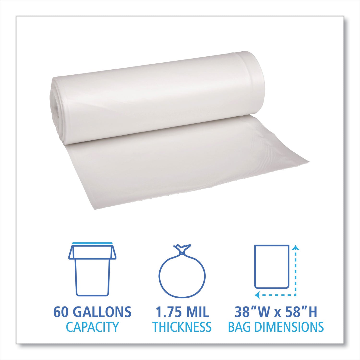 Boardwalk® Recycled Low-Density Polyethylene Can Liners, 60 gal, 1.75 mil, 38" x 58", Clear, Perforated, 10 Bags/Roll, 10 Rolls/Carton