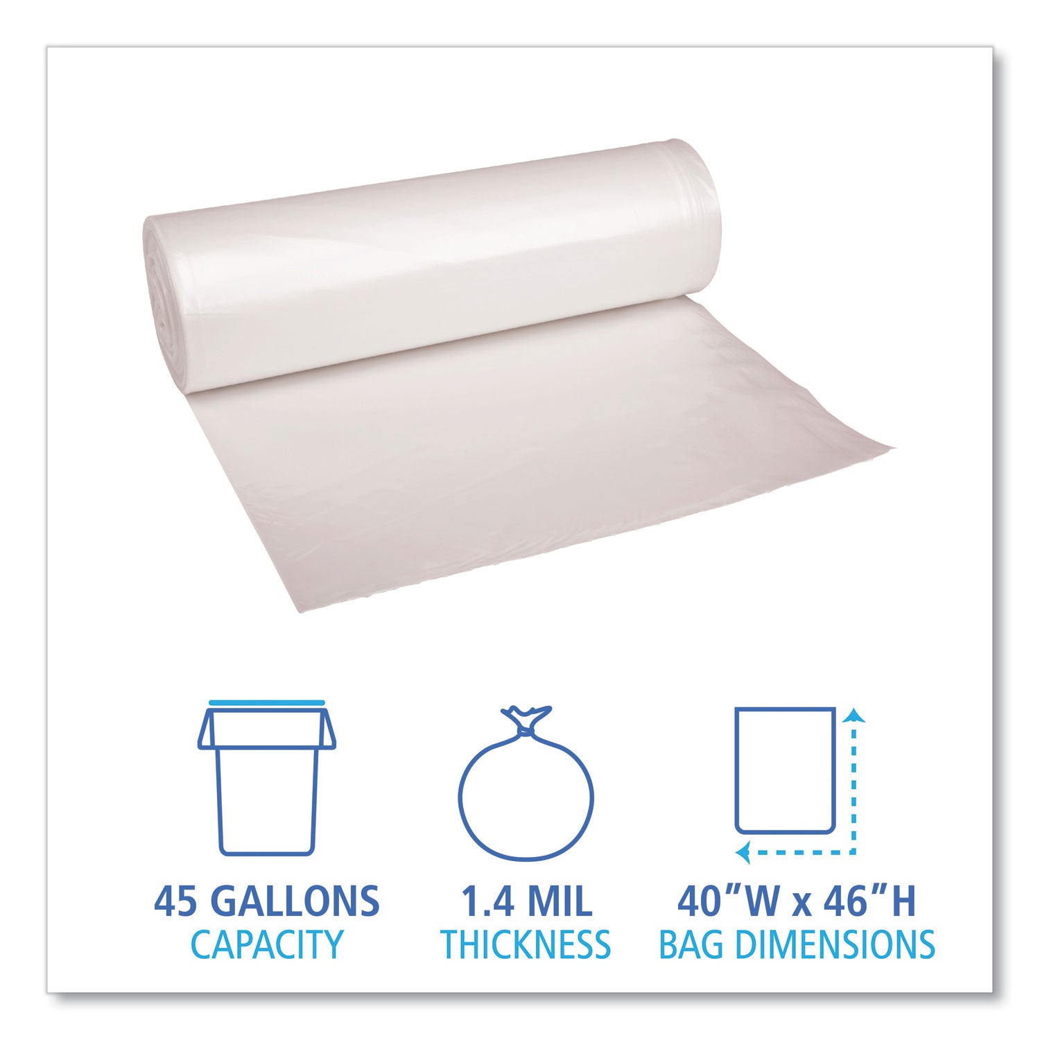 Boardwalk® Recycled Low-Density Polyethylene Can Liners, 45 gal, 1.4 mil, 40" x 46", Clear, Perforated, 10 Bags/Roll, 10 Rolls/Carton