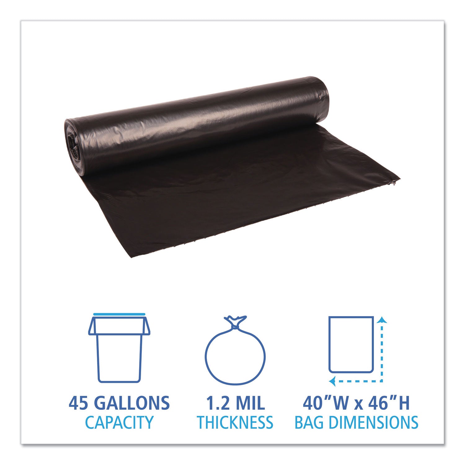 Boardwalk® Recycled Low-Density Polyethylene Can Liners, 45 gal, 1.2 mil, 40" x 46", Black, Perforated, 10 Bags/Roll, 10 Rolls/Carton