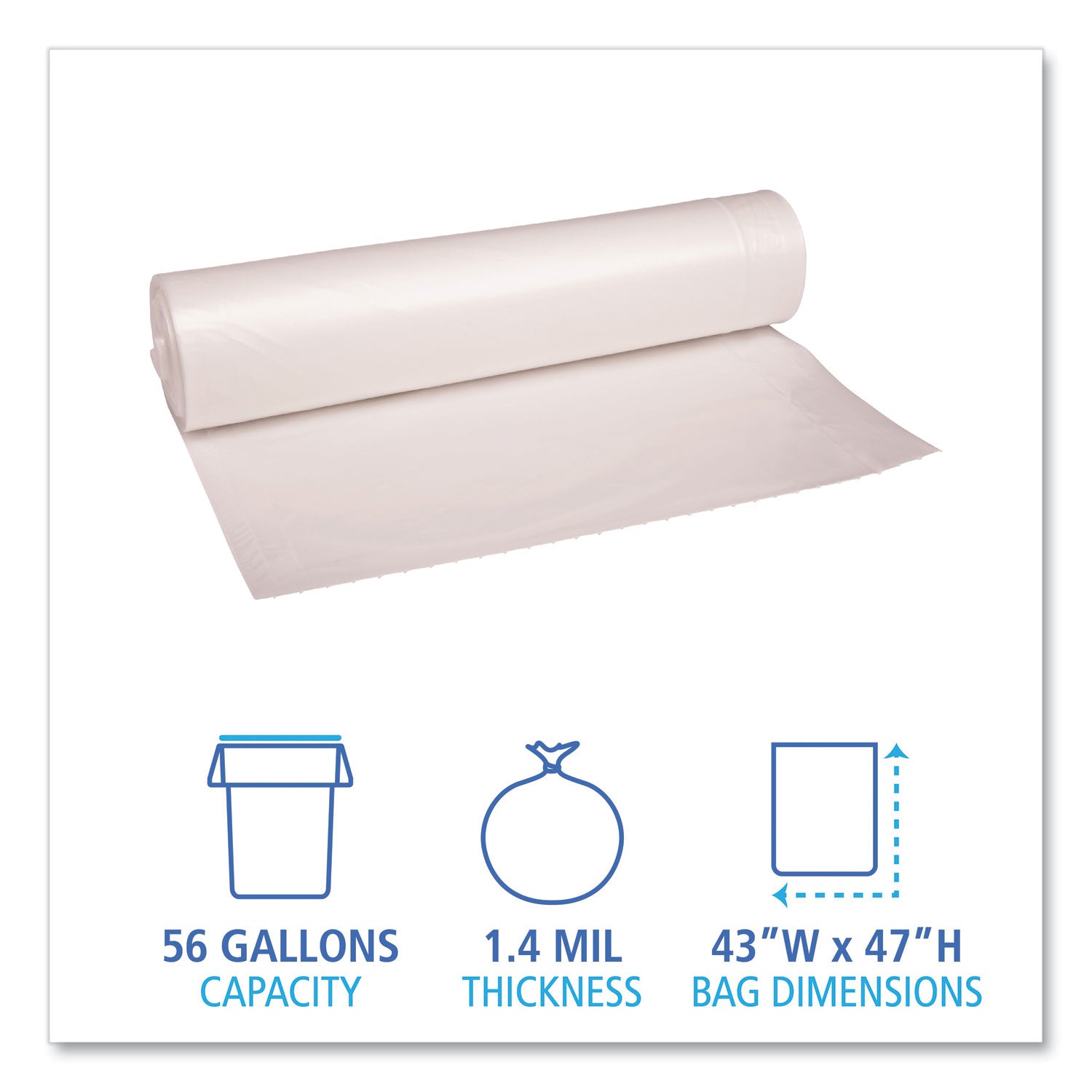 Boardwalk® Recycled Low-Density Polyethylene Can Liners, 56 gal, 1.4 mil, 43" x 47", Clear, Perforated, 10 Bags/Roll, 10 Rolls/Carton