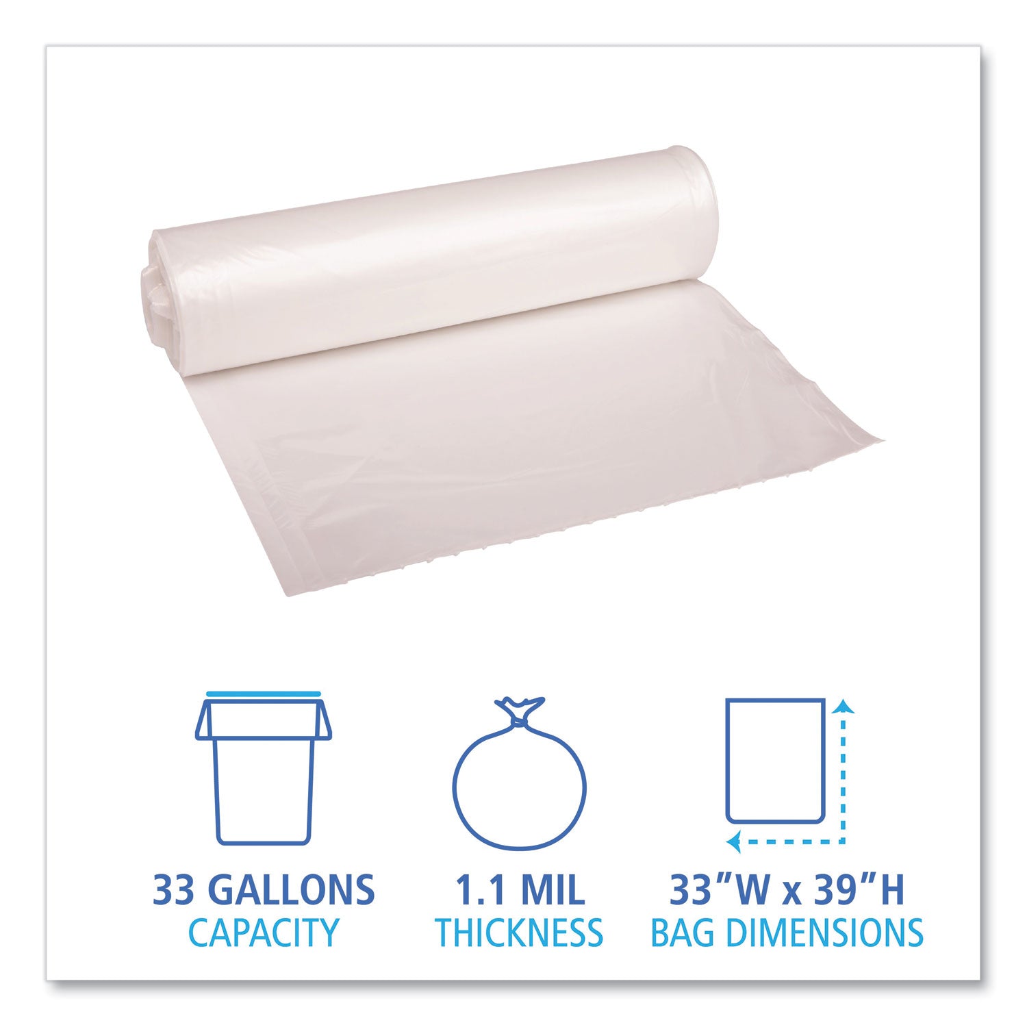 Boardwalk® Recycled Low-Density Polyethylene Can Liners, 33 gal, 1.1 mil, 33" x 39", Clear, Perforated, 10 Bags/Roll, 10 Rolls/Carton