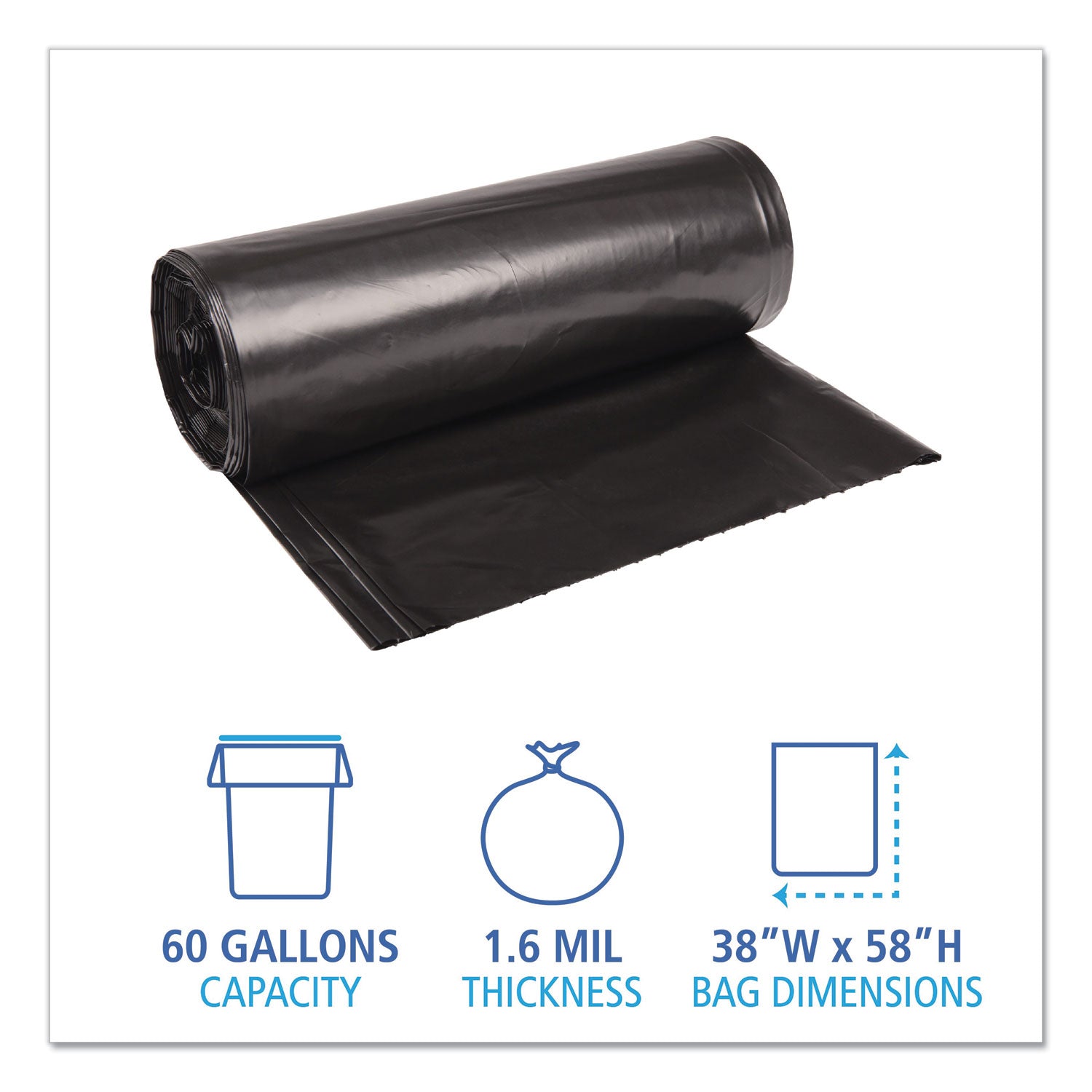 Boardwalk® Recycled Low-Density Polyethylene Can Liners, 60 gal, 1.6 mil, 38" x 58", Black, Perforated, 10 Bags/Roll, 10 Rolls/Carton