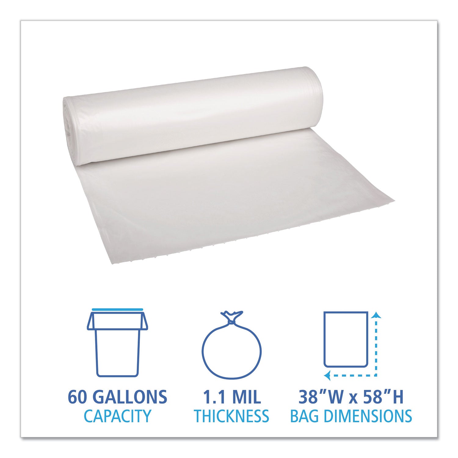 Boardwalk® Recycled Low-Density Polyethylene Can Liners, 60 gal, 1.1 mil, 38" x 58", Clear, Perforated, 10 Bags/Roll, 10 Rolls/Carton