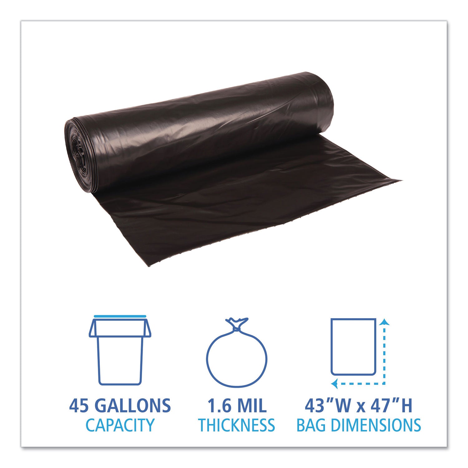 Boardwalk® Recycled Low-Density Polyethylene Can Liners, 56 gal, 1.6 mil, 43" x 47", Black, Perforated, 20 Bags/Roll, 5 Rolls/Carton