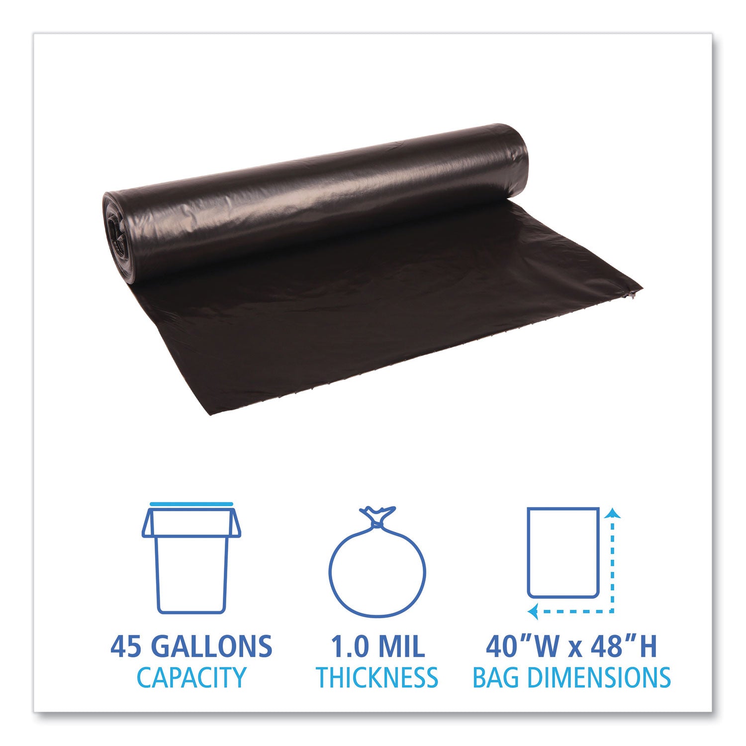 Boardwalk® Recycled Low-Density Polyethylene Can Liners, 45 gal, 0.8 mil, 40" x 48", Black, Perforated, 10 Bags/Roll, 10 Rolls/Carton