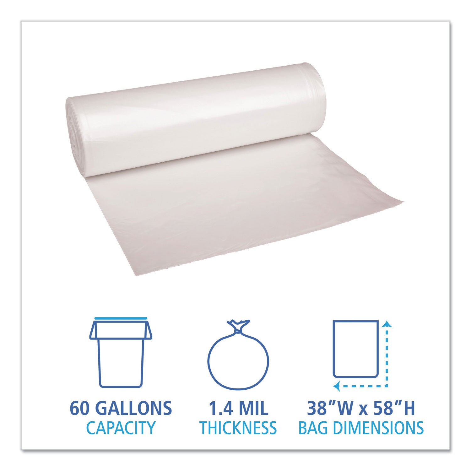 Boardwalk® Recycled Low-Density Polyethylene Can Liners, 60 gal, 1.4 mil, 38" x 58", Clear, Perforated, 10 Bags/Roll, 10 Rolls/Carton