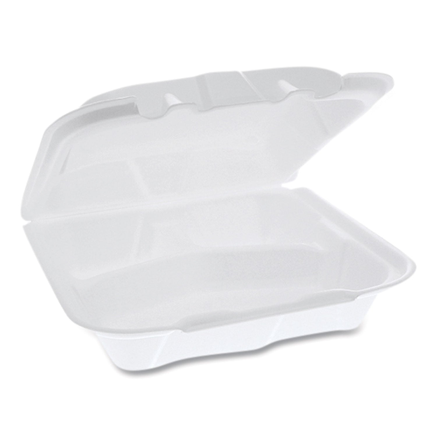 Pactiv Evergreen Vented Foam Hinged Lid Container, Dual Tab Lock, 3-Compartment, 8.42 x 8.15 x 3, White, 150/Carton