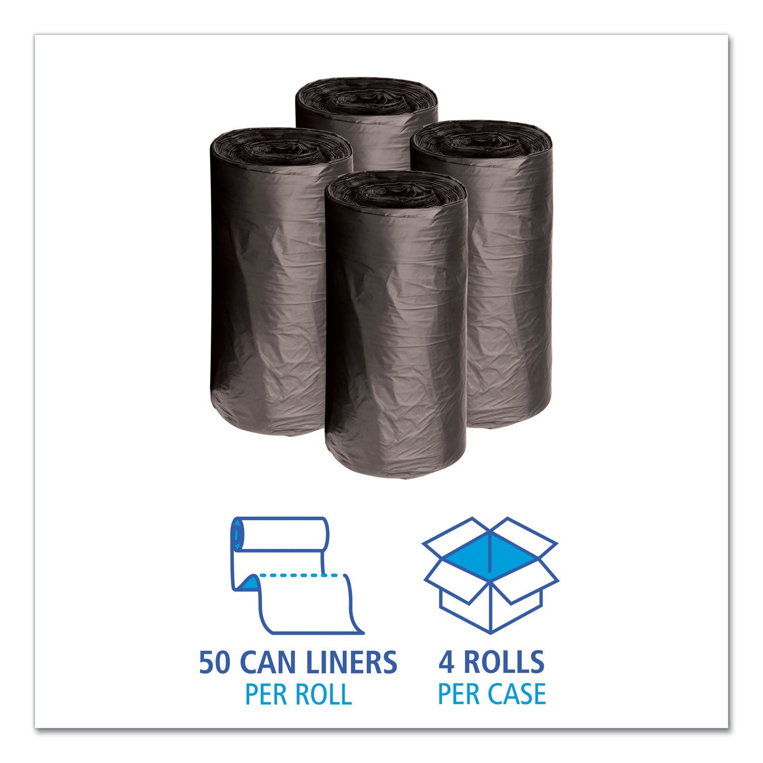 Boardwalk® Low-Density Waste Can Liners, 10 gal, 0.35 mil, 24" x 23", Black, Perforated Roll, 50 Bags/Roll, 10 Rolls/Carton