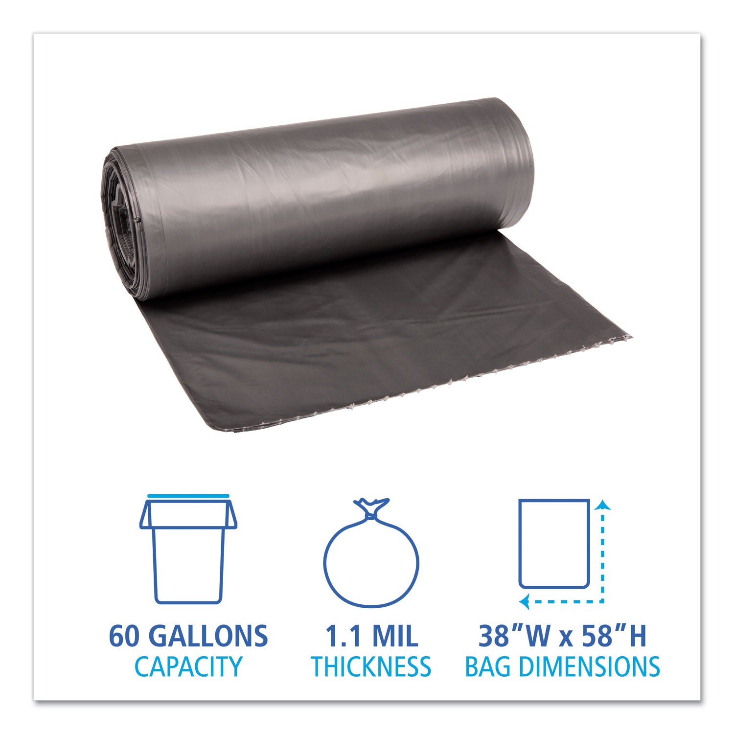 Boardwalk® Low-Density Waste Can Liners, 60 gal, 1.1 mil, 38" x 58", Gray, Perforated Roll, 20 Bags/Roll, 5 Rolls/Carton