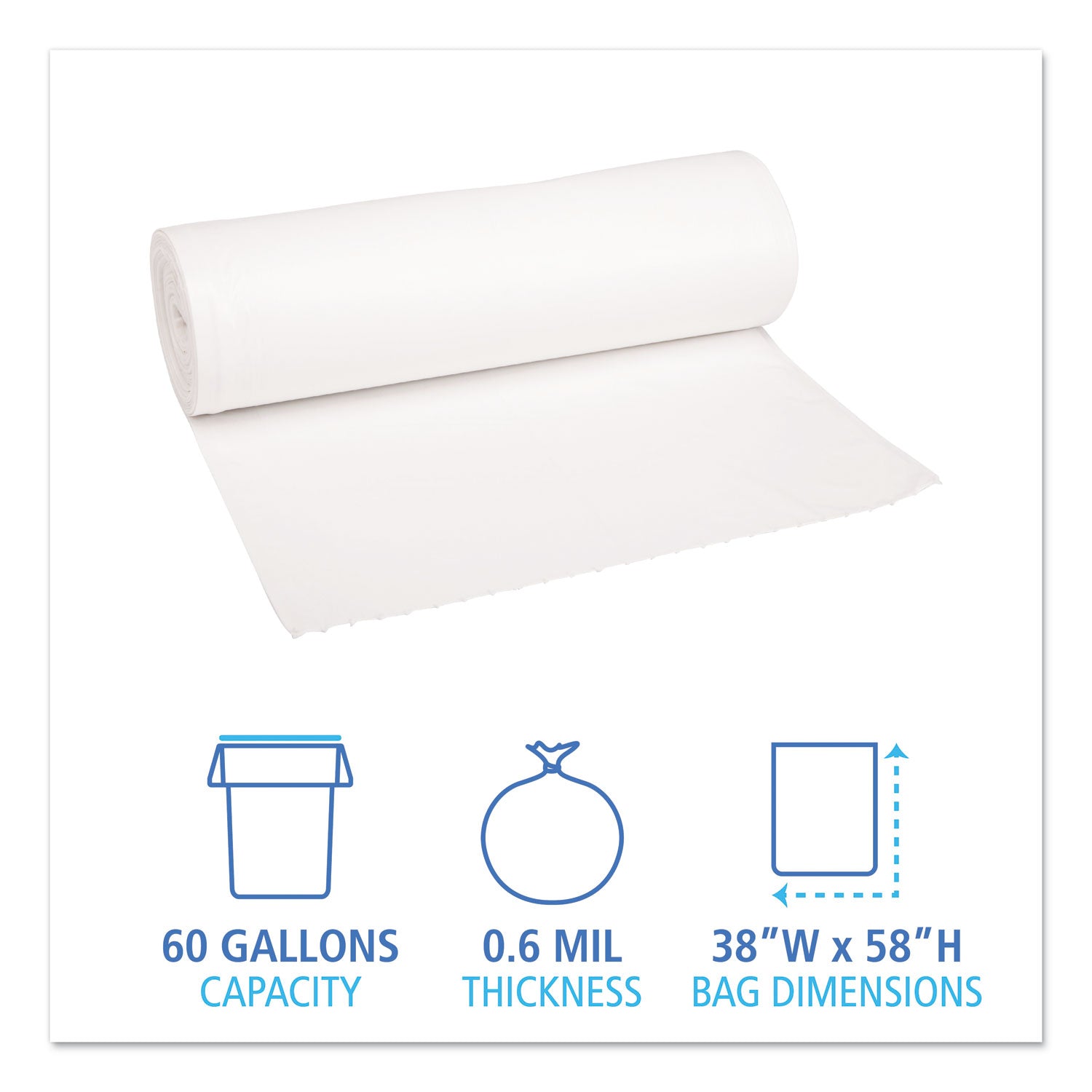 Boardwalk® Low-Density Waste Can Liners, 60 gal, 0.6 mil, 38" x 58", White, Perforated Roll, 25 Bags/Roll, 4 Rolls/Carton