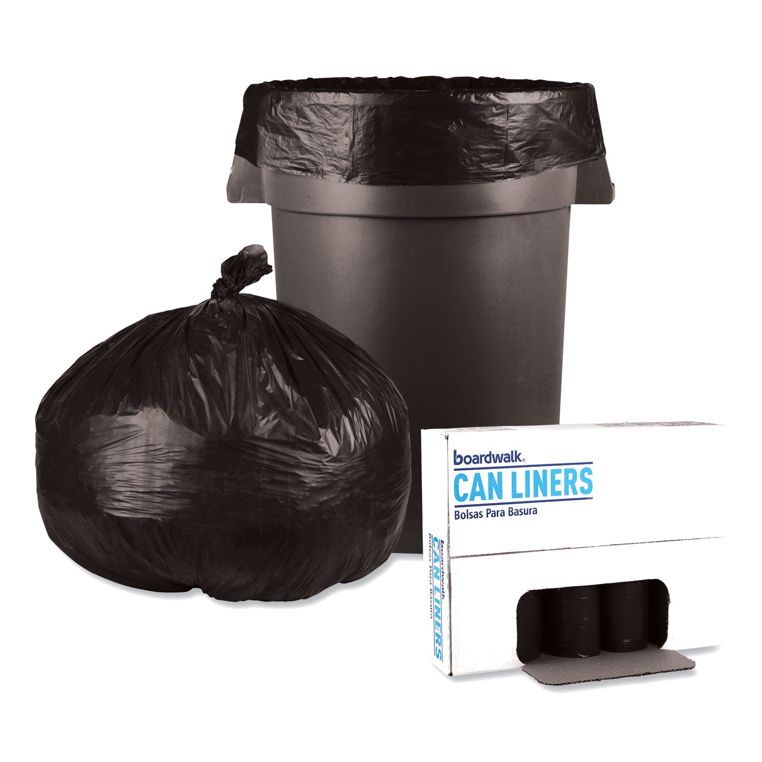 Boardwalk® Low-Density Waste Can Liners, 60 gal, 0.65 mil, 38" x 58", Black, Perforated Roll, 25 Bags/Roll, 4 Rolls/Carton