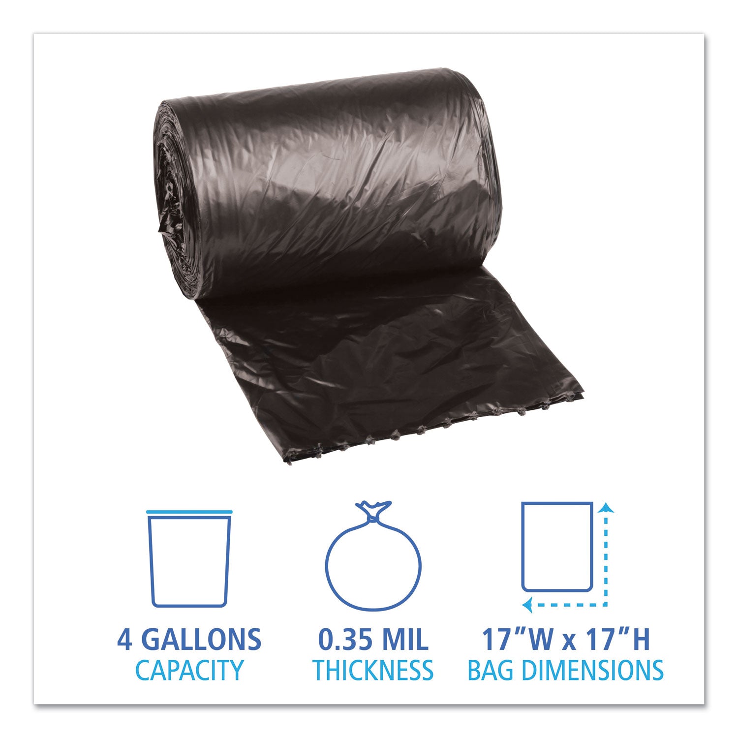 Boardwalk® Low-Density Waste Can Liners, 4 gal, 0.35 mil, 17" x 17", Black, Perforated Roll, 50 Bags/Roll, 20 Rolls/Carton