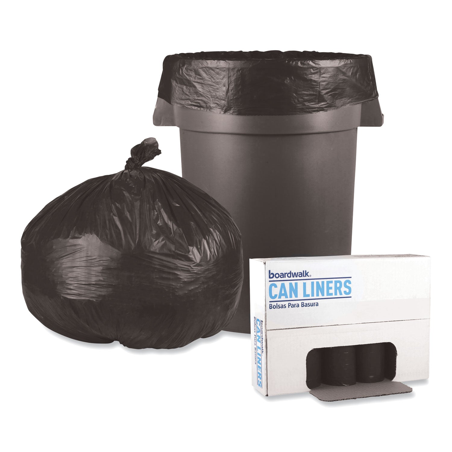 Boardwalk® Low-Density Waste Can Liners, 56 gal, 0.6 mil, 43" x 47", Black, Perforated Roll, 25 Bags/Roll, 4 Rolls/Carton