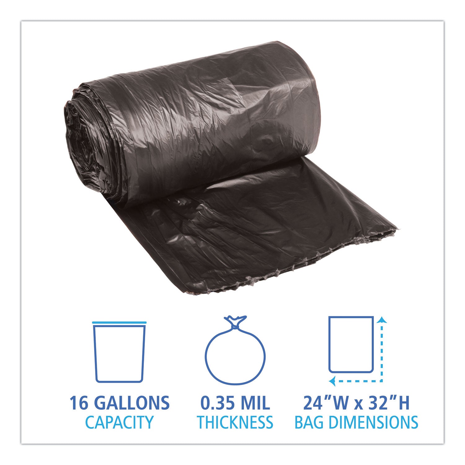 Boardwalk® Low-Density Waste Can Liners, 16 gal, 0.35 mil, 24" x 32", Black, Perforated Roll, 50 Bags/Roll, 10 Rolls/Carton