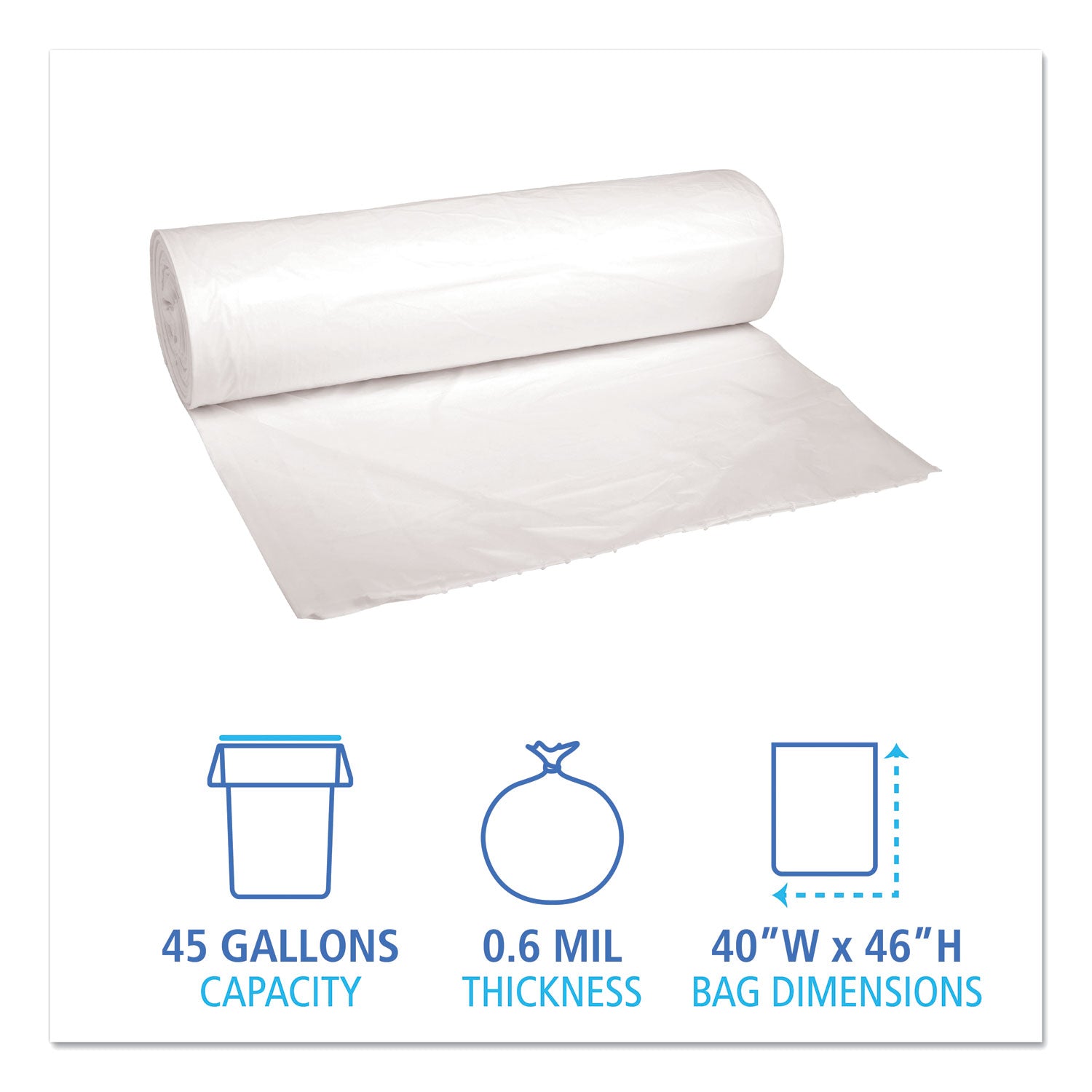 Boardwalk® Low-Density Waste Can Liners, 45 gal, 0.6 mil, 40" x 46", White, Perforated Roll, 25 Bags/Roll, 4 Rolls/Carton