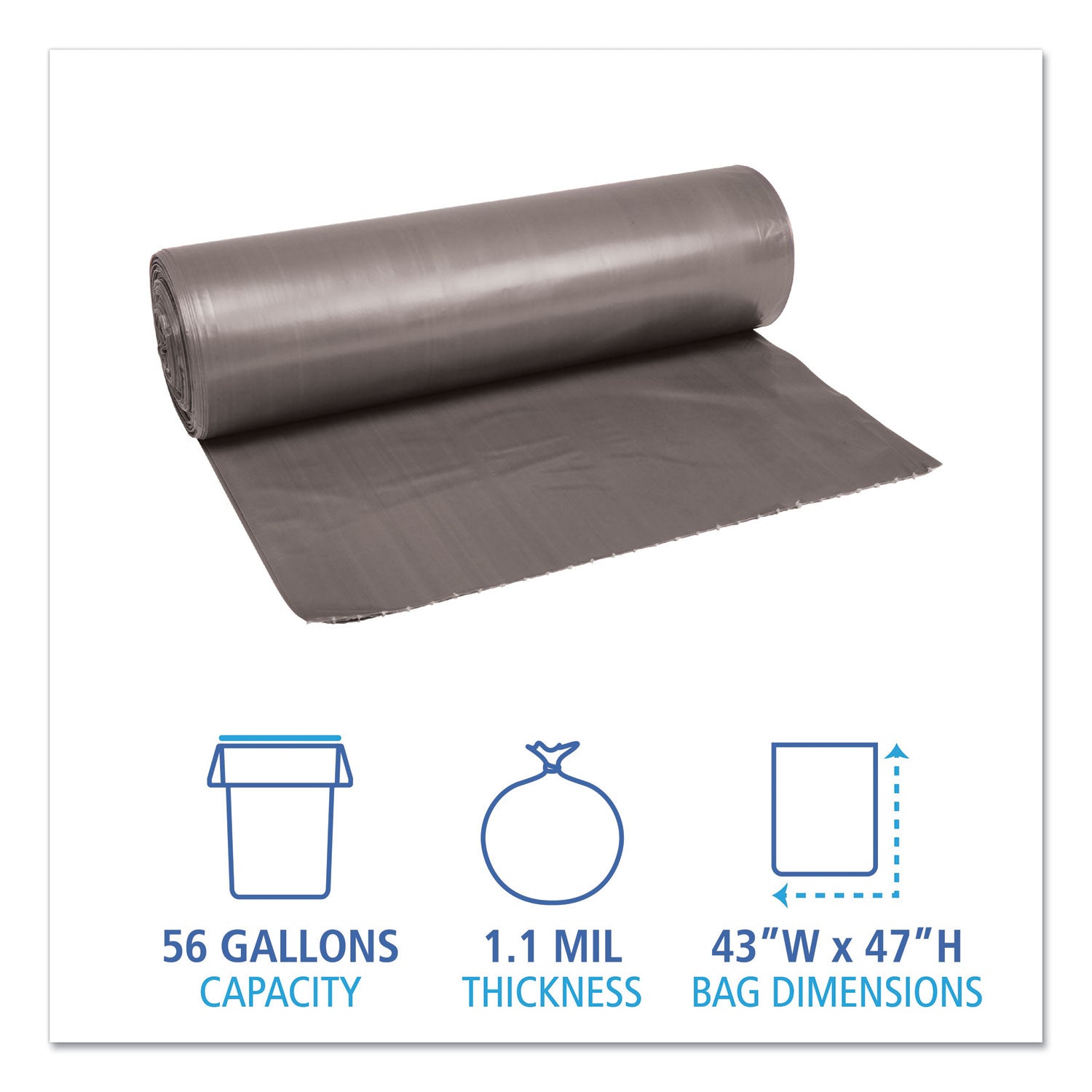 Boardwalk® Low-Density Waste Can Liners, 56 gal, 1.1 mil, 43" x 47", Gray, Perforated Roll, 20 Bags/Roll, 5 Rolls/Carton