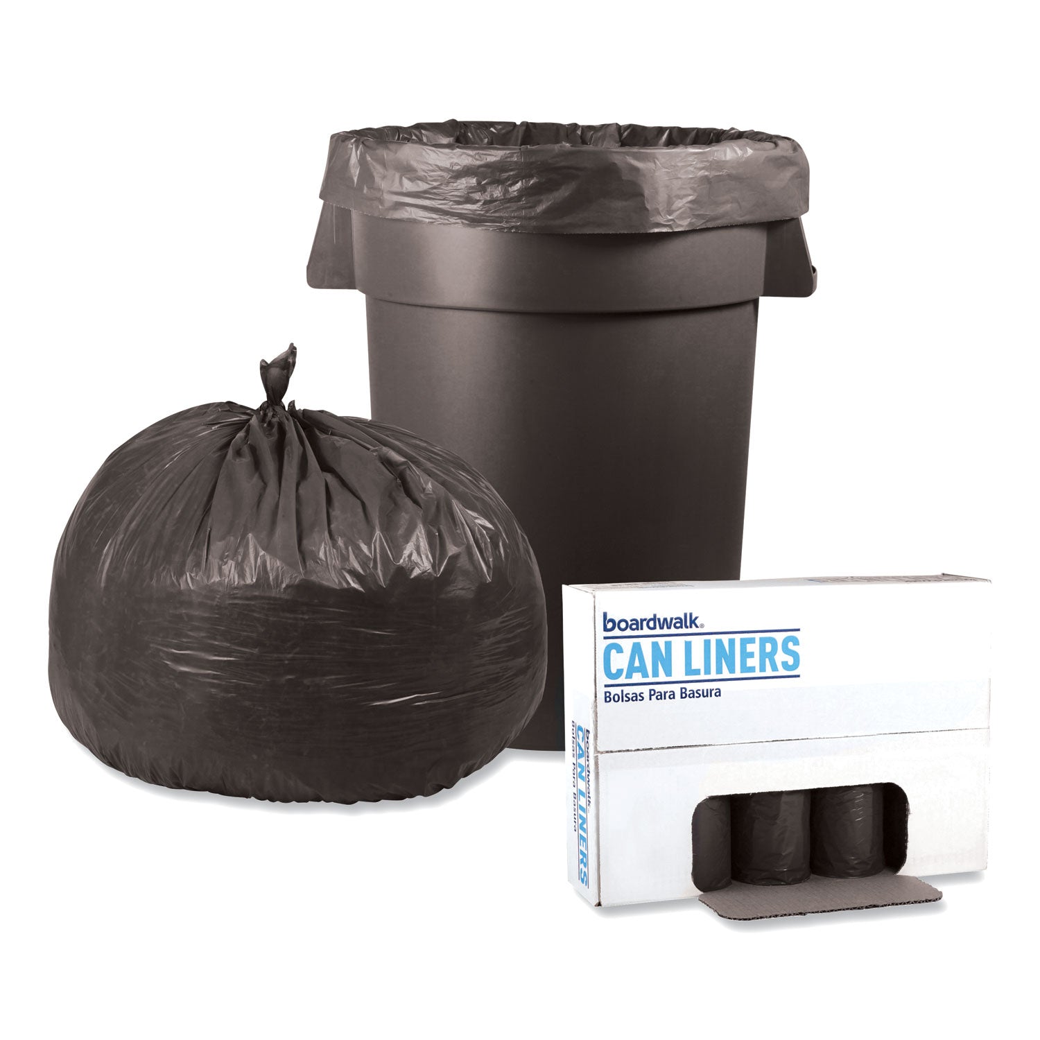 Boardwalk® Low-Density Waste Can Liners, 60 gal, 1.1 mil, 38" x 58", Gray, Perforated Roll, 20 Bags/Roll, 5 Rolls/Carton