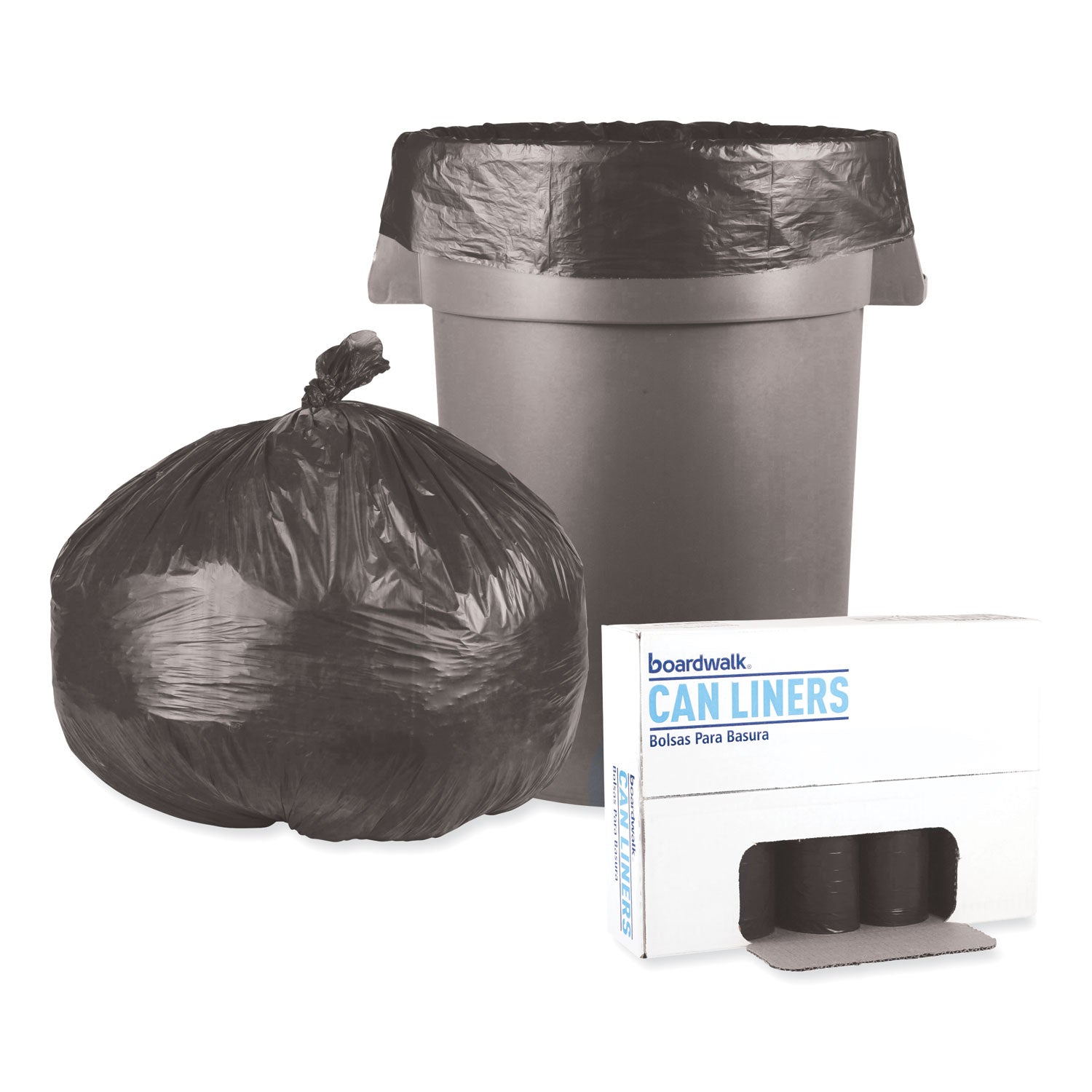 Boardwalk® Low-Density Waste Can Liners, 45 gal, 0.6 mil, 40" x 46", Black, Perforated Roll, 25 Bags/Roll, 4 Rolls/Carton