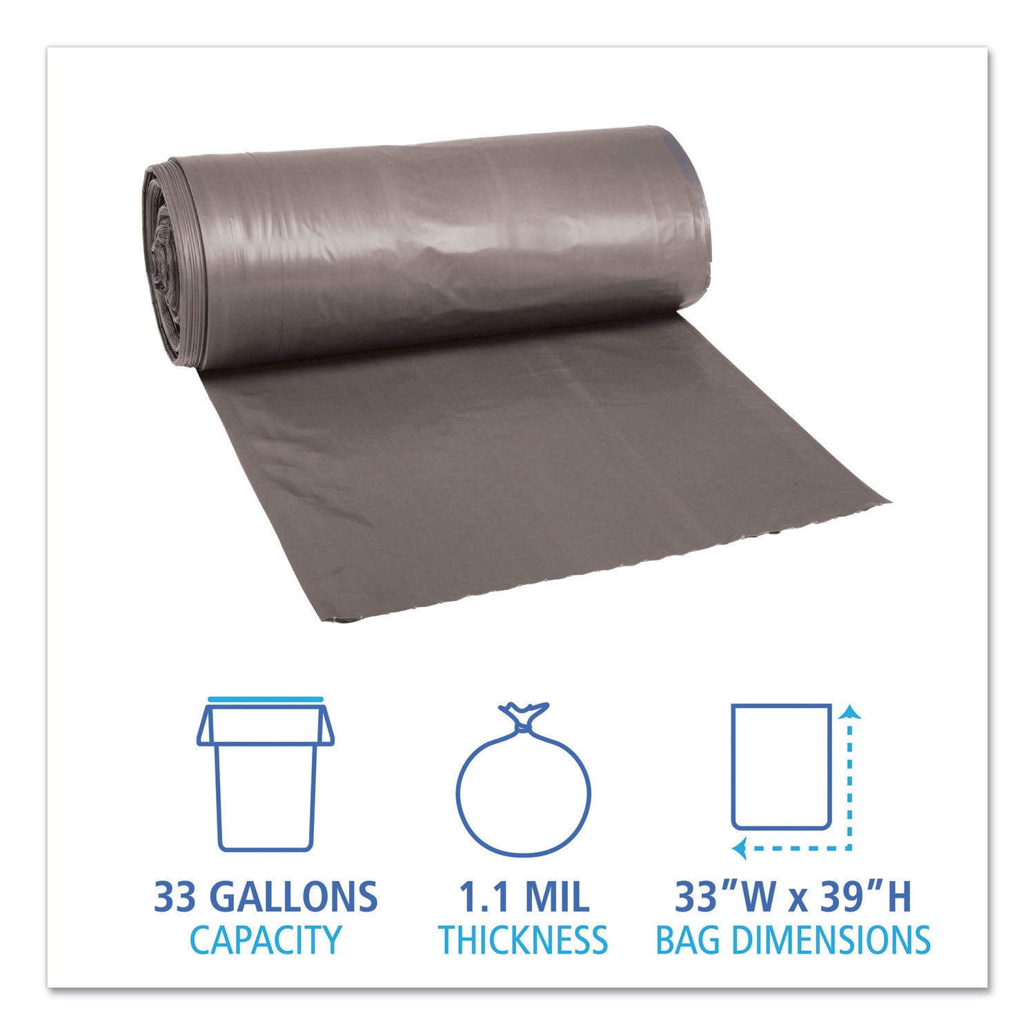 Boardwalk® Low-Density Waste Can Liners, 33 gal, 1.1 mil, 33" x 39", Gray, Perforated Roll, 25 Bags/Roll, 4 Rolls/Carton