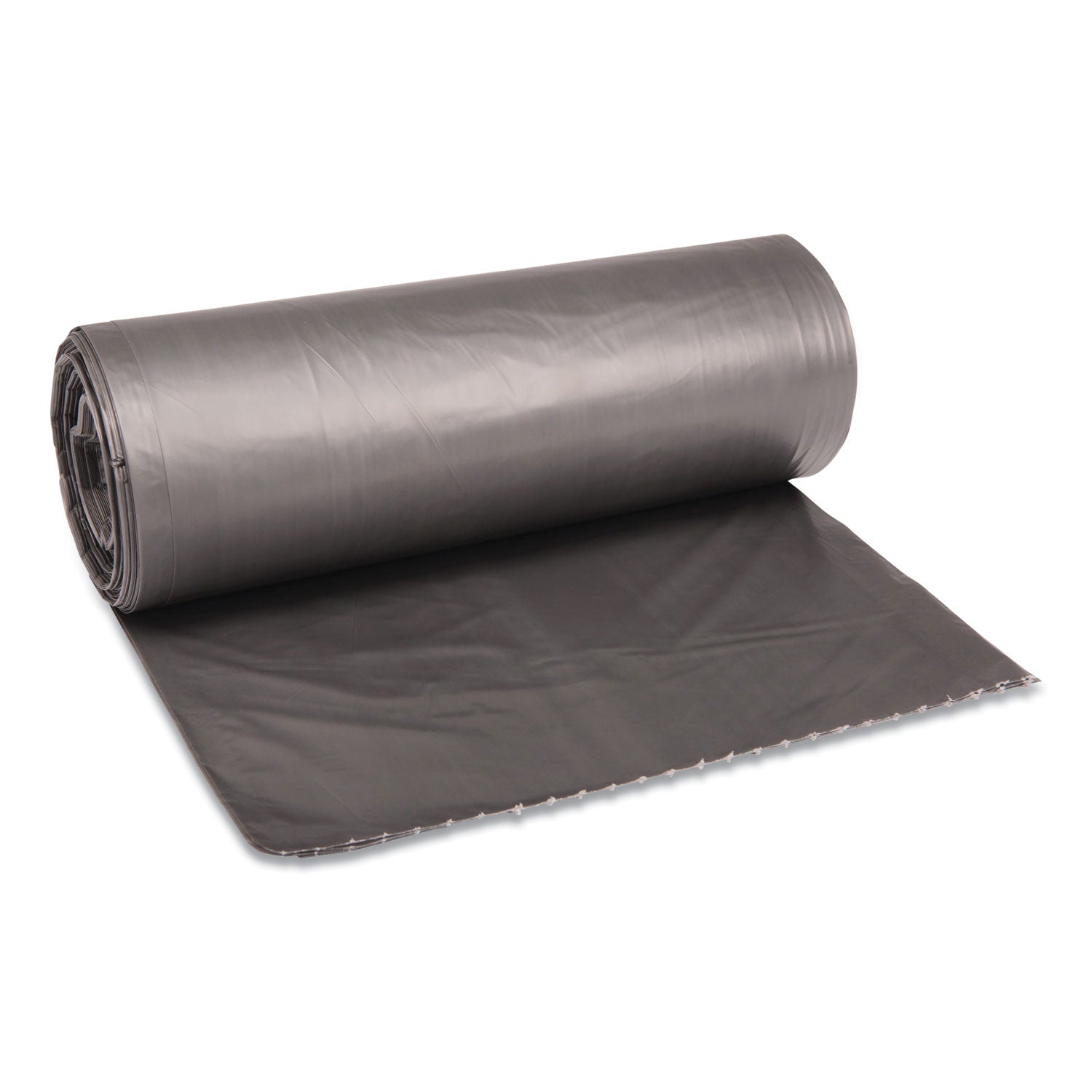 Low-Density Waste Can Liners, 60 gal, 1.1 mil, 38" x 58", Gray, Perforated Roll, 20 Bags/Roll, 5 Rolls/Carton