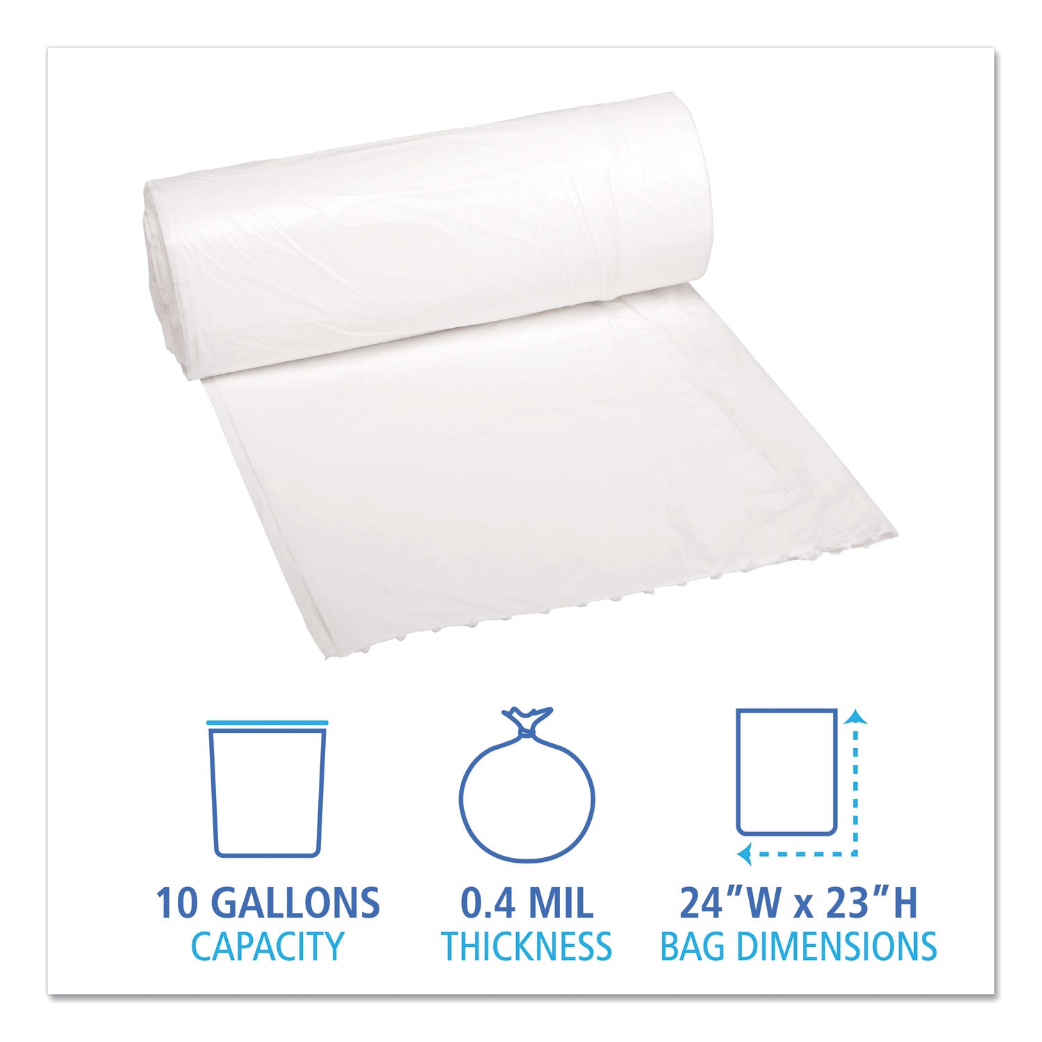 Boardwalk® Low-Density Waste Can Liners, 10 gal, 0.4 mil, 24" x 23", White, Perforated Roll, 25 Bags/Roll, 20 Rolls/Carton