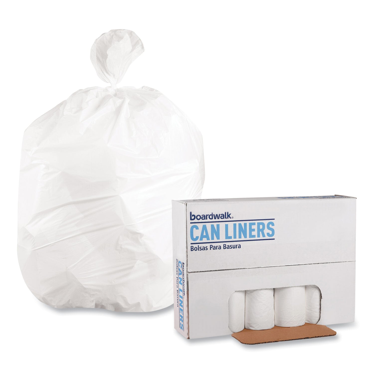 Boardwalk® Low-Density Waste Can Liners, 10 gal, 0.4 mil, 24" x 23", White, Perforated Roll, 25 Bags/Roll, 20 Rolls/Carton