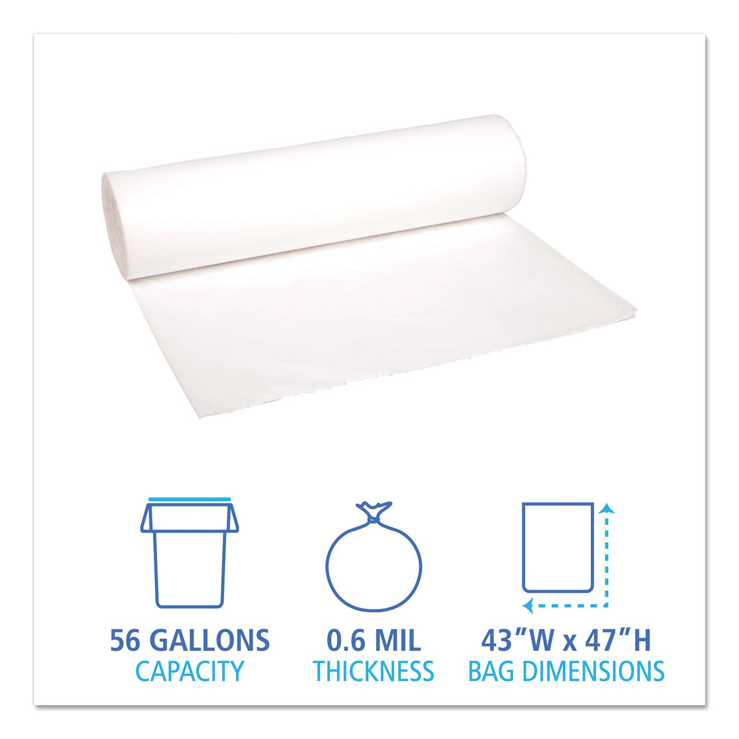 Boardwalk® Low-Density Waste Can Liners, 56 gal, 0.6 mil, 43" x 47", White, Perforated Roll, 25 Bags/Roll, 4 Rolls/Carton