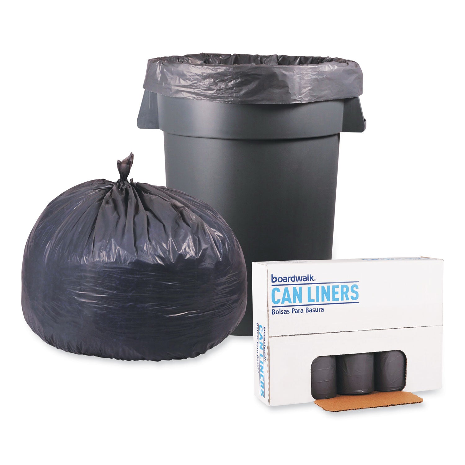 Boardwalk® Low-Density Waste Can Liners, 60 gal, 0.95 mil, 38" x 58", Gray, Perforated Roll, 25 Bags/Roll, 4 Rolls/Carton