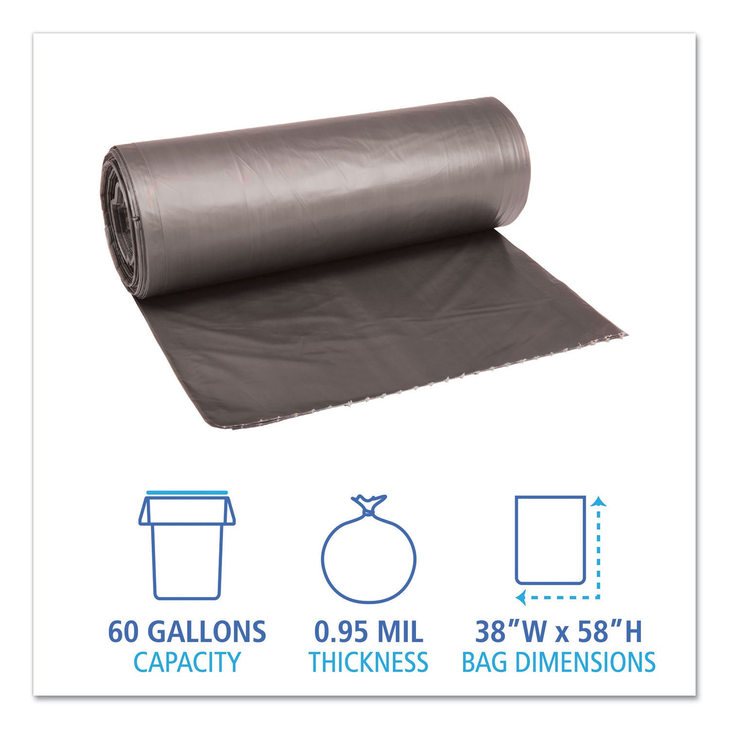 Boardwalk® Low-Density Waste Can Liners, 60 gal, 0.95 mil, 38" x 58", Gray, Perforated Roll, 25 Bags/Roll, 4 Rolls/Carton