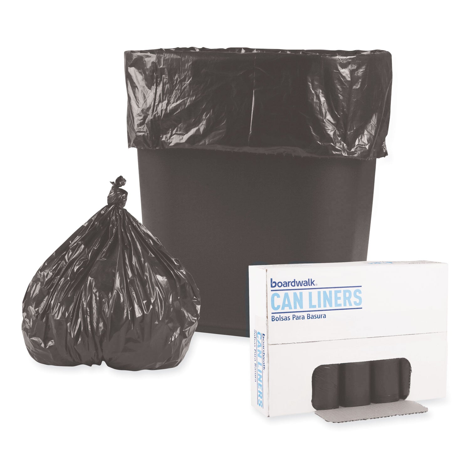 Boardwalk® Low-Density Waste Can Liners, 4 gal, 0.35 mil, 17" x 17", Black, Perforated Roll, 50 Bags/Roll, 20 Rolls/Carton