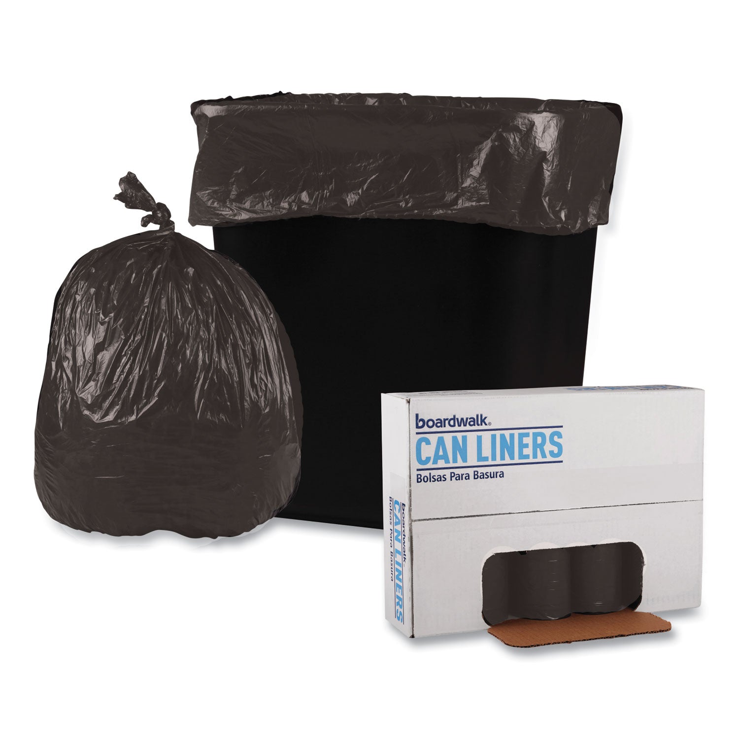 Boardwalk® Low-Density Waste Can Liners, 10 gal, 0.35 mil, 24" x 23", Black, Perforated Roll, 50 Bags/Roll, 10 Rolls/Carton