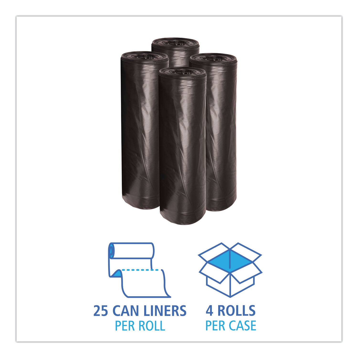 Boardwalk® Low-Density Waste Can Liners, 45 gal, 0.6 mil, 40" x 46", Black, Perforated Roll, 25 Bags/Roll, 4 Rolls/Carton