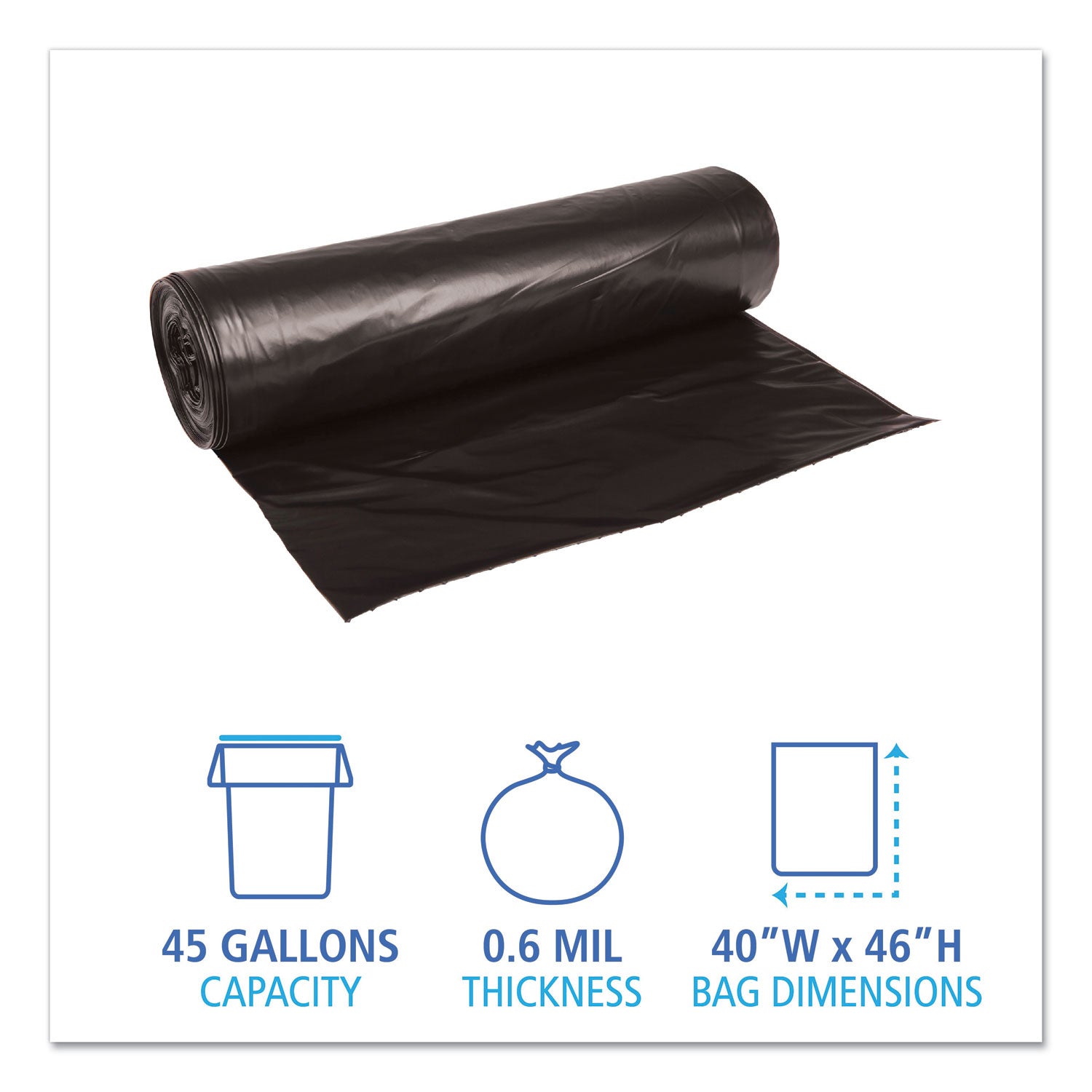 Boardwalk® Low-Density Waste Can Liners, 45 gal, 0.6 mil, 40" x 46", Black, Perforated Roll, 25 Bags/Roll, 4 Rolls/Carton