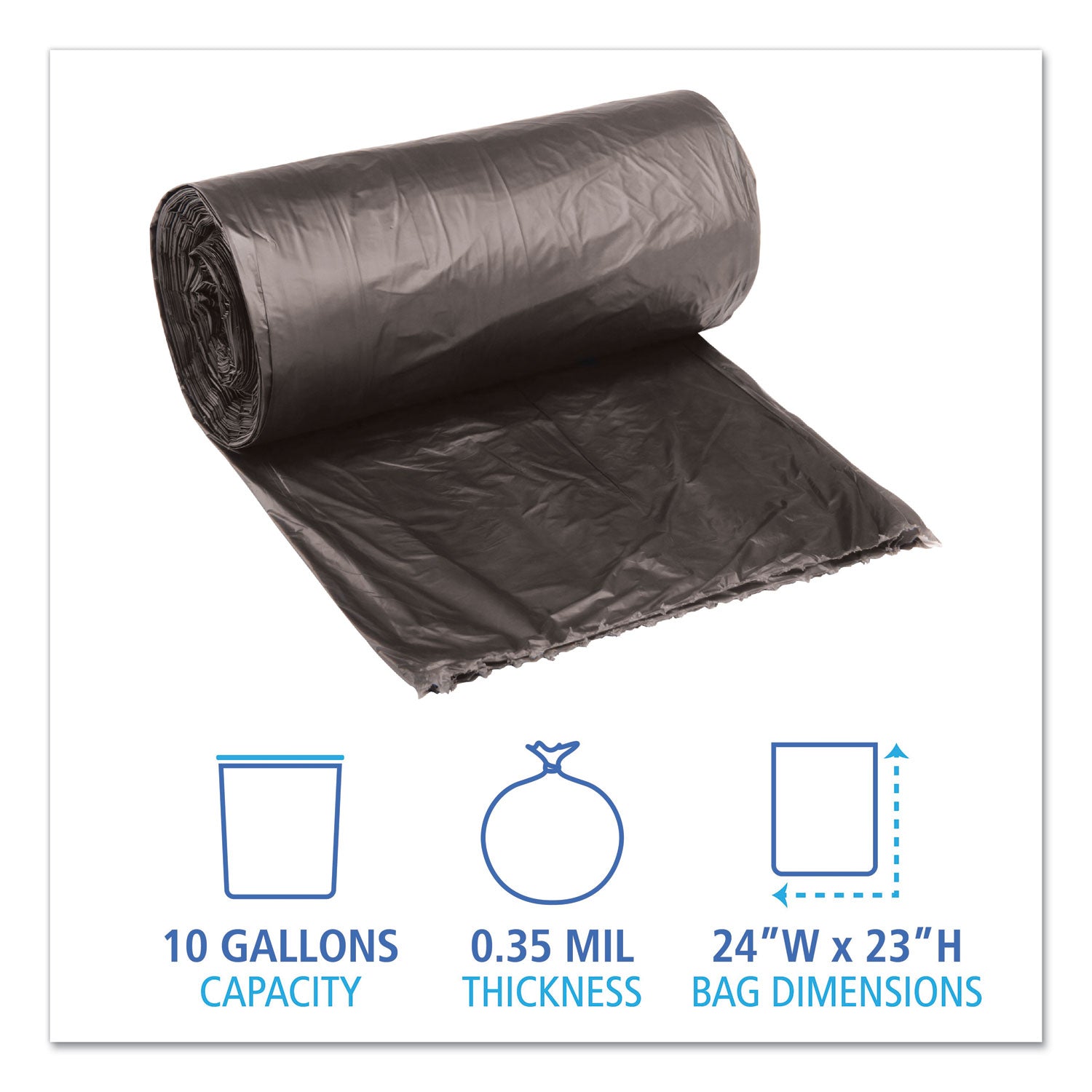 Boardwalk® Low-Density Waste Can Liners, 10 gal, 0.35 mil, 24" x 23", Black, Perforated Roll, 50 Bags/Roll, 10 Rolls/Carton