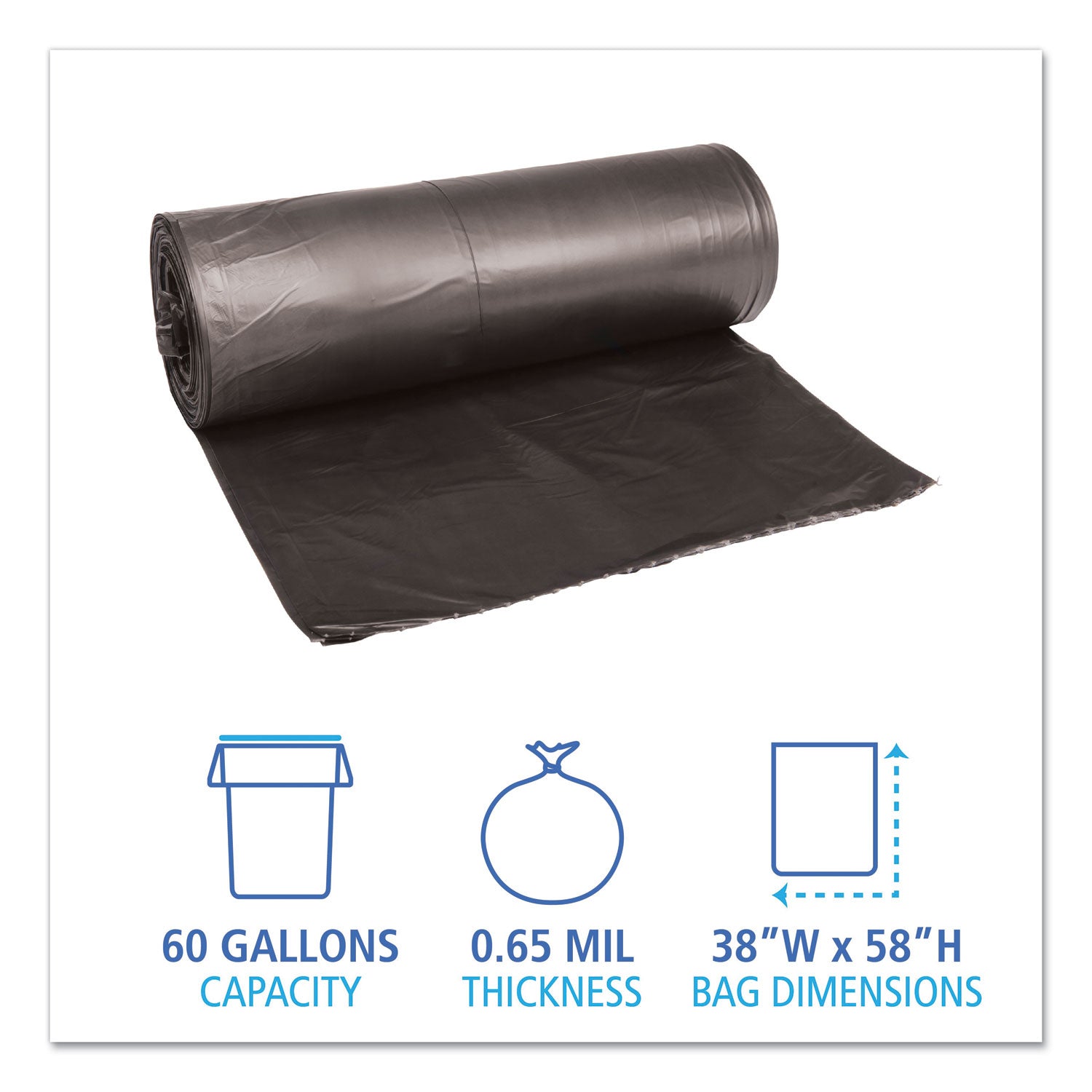 Boardwalk® Low-Density Waste Can Liners, 60 gal, 0.65 mil, 38" x 58", Black, Perforated Roll, 25 Bags/Roll, 4 Rolls/Carton