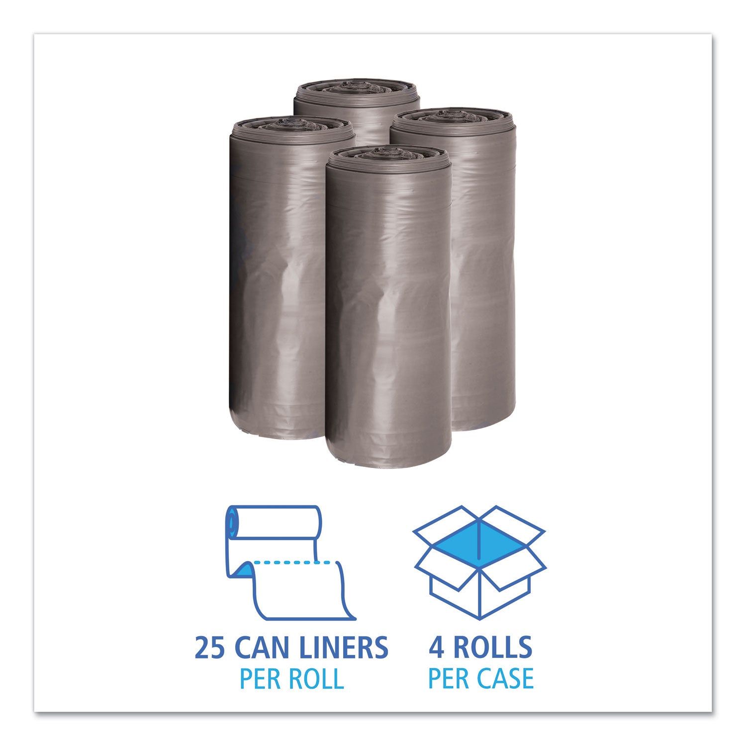 Boardwalk® Low-Density Waste Can Liners, 33 gal, 1.1 mil, 33" x 39", Gray, Perforated Roll, 25 Bags/Roll, 4 Rolls/Carton