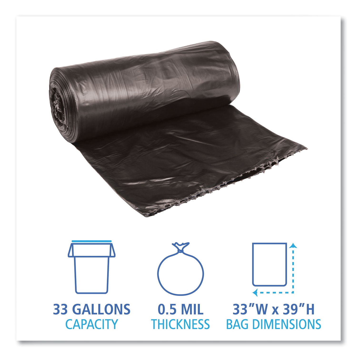 Boardwalk® Low-Density Waste Can Liners, 33 gal, 0.5 mil, 33" x 39", Black, Perforated Roll, 25 Bags/Roll, 8 Rolls/Carton