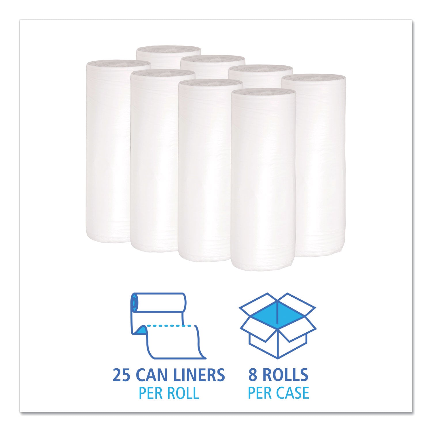 Boardwalk® Low-Density Waste Can Liners, 30 gal, 0.6 mil, 30" x 36", White, Perforated Roll, 25 Bags/Roll, 8 Rolls/Carton