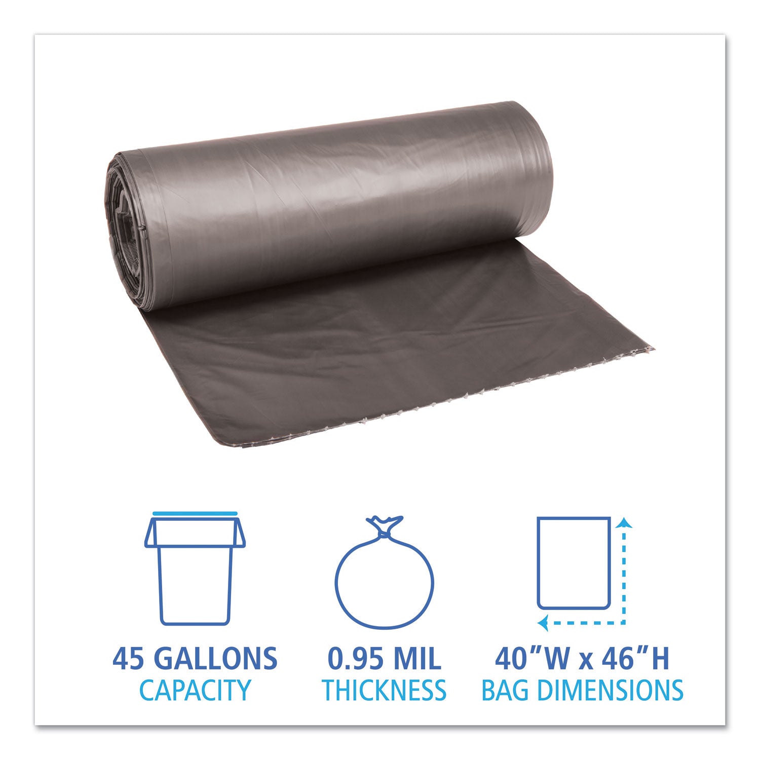 Boardwalk® Low-Density Waste Can Liners, 45 gal, 0.95 mil, 40" x 46", Gray, Perforated Roll, 25 Bags/Roll, 4 Rolls/Carton